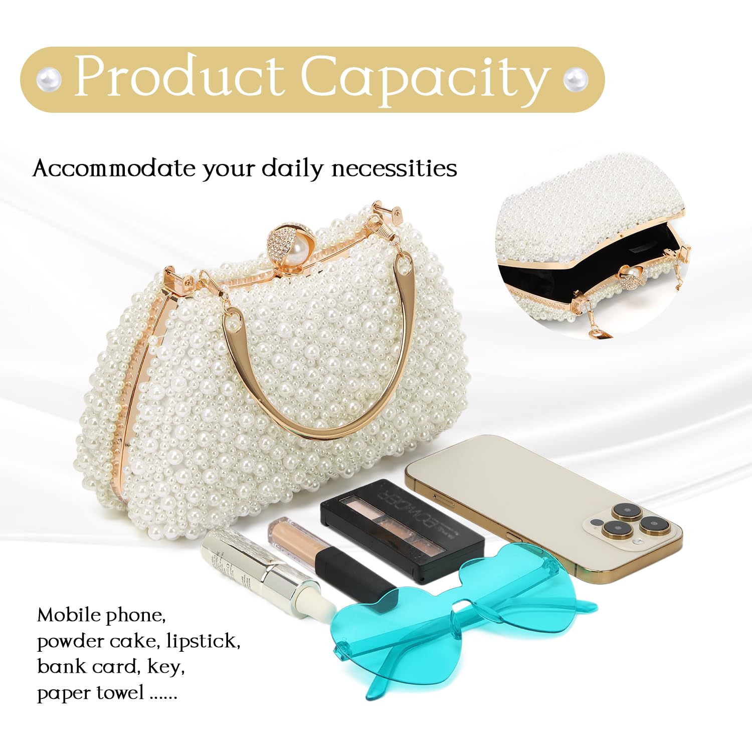 EVEOUT Pochette en Perles pour Femme élégant Clutch de Soirée avec Chaîne Sac à main de Perles pour Mariée Sac bandoulière pour Mariage Fête(Beige)