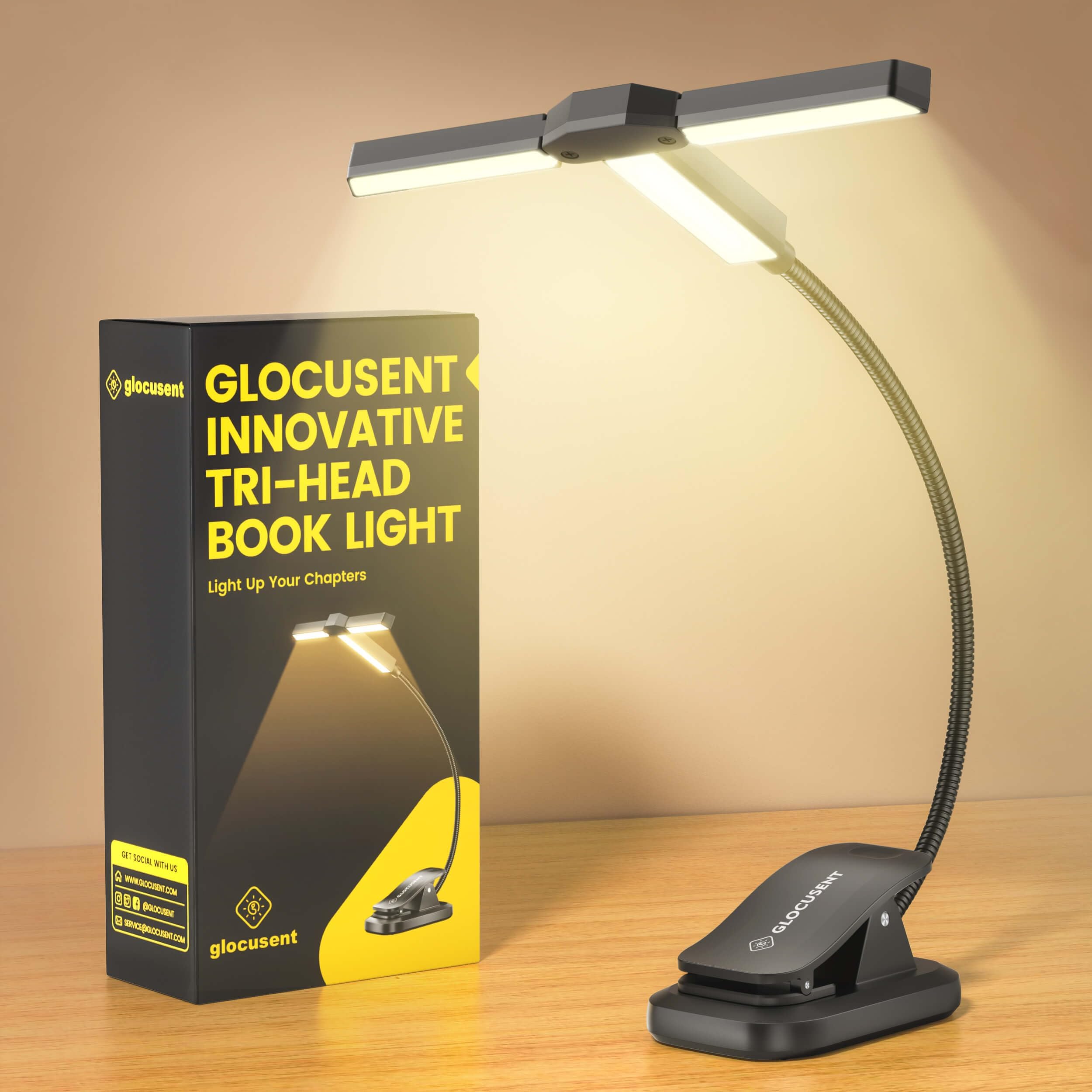 Glocusent Innovative TriHead Reading Light for Books in Bed, 3 Colors