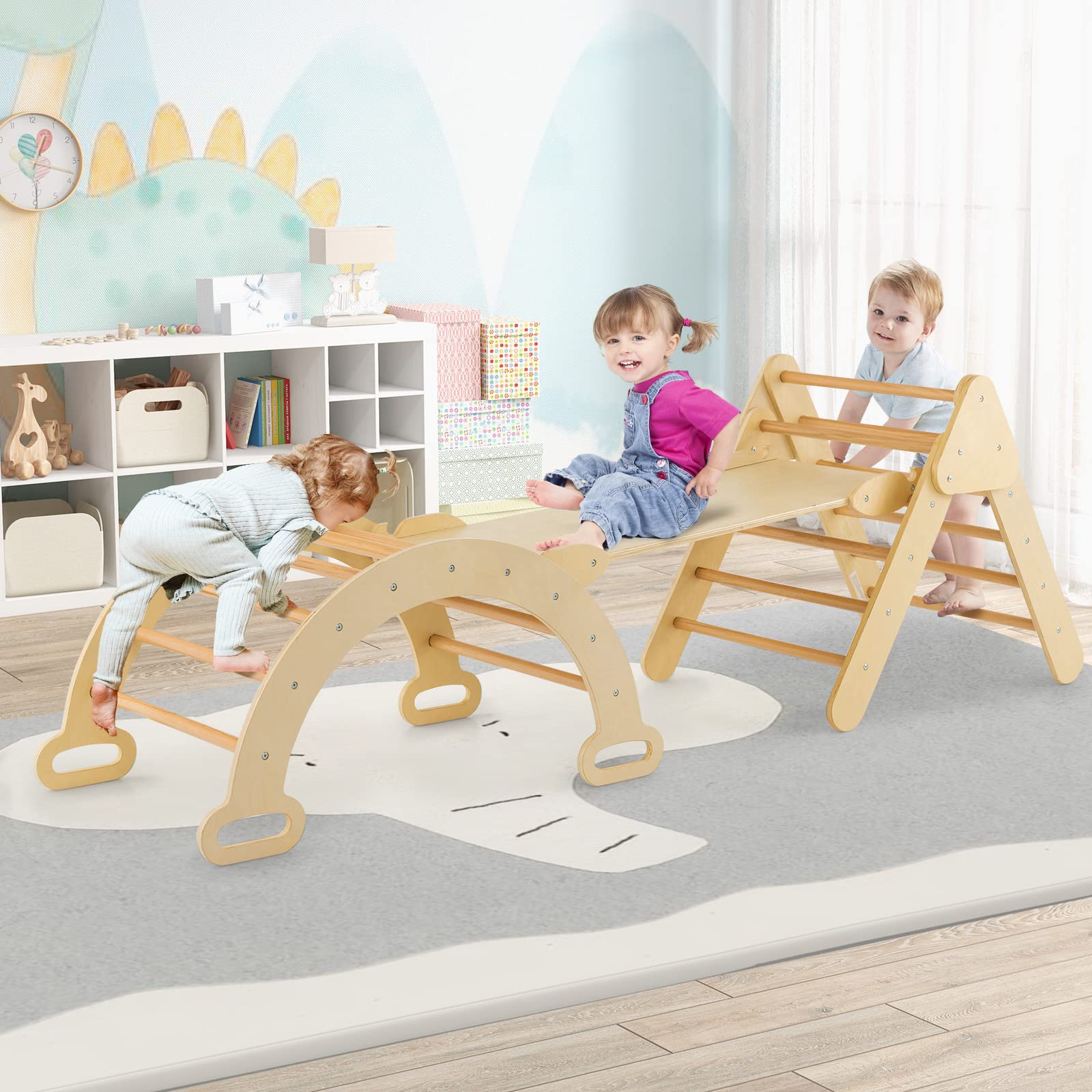 DREAMADE Échelle D'Escalade Avec Triangle/Arche/Rampe Pour Enfants De 1 Ans Aire De Jeux Educatif En Bois Pour Garcons Et Filles Convient A Maternelle Maison Multicolore