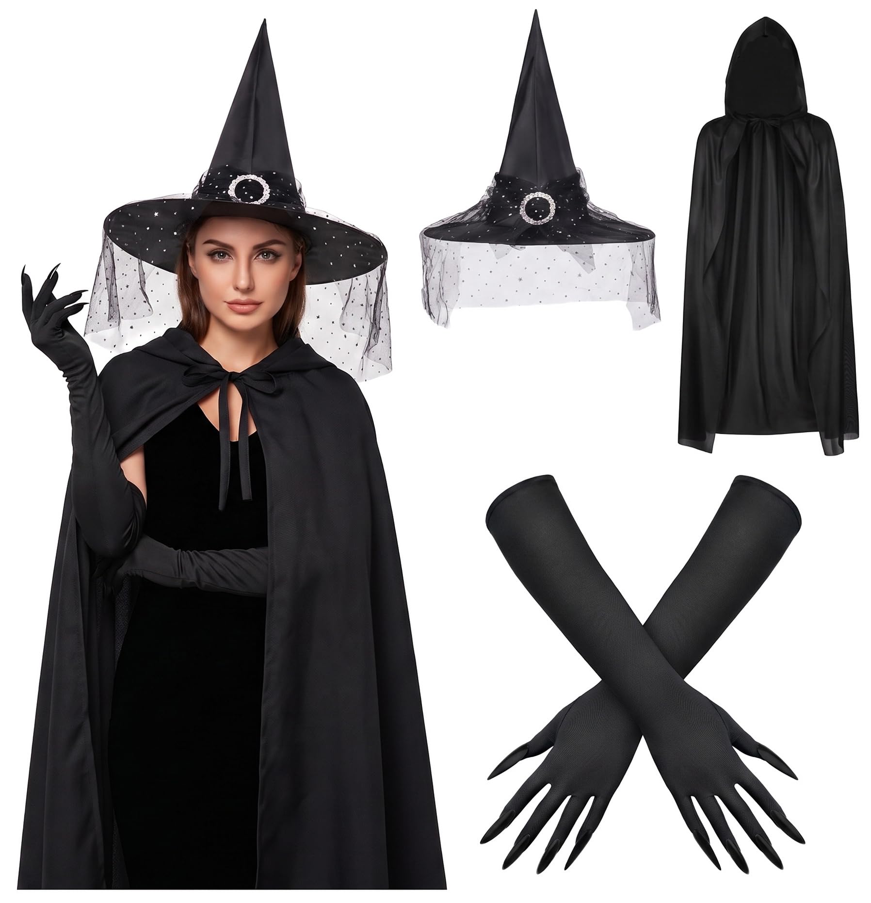 YCDKK Halloween Costumes Adult Women, Witch Costume, Witch Accessories Woman Witches Hat Cape Gloves, Simple Ladies Witches Outfit, Fancy Dress Black Hooded Cloak for Female Kids Childrens