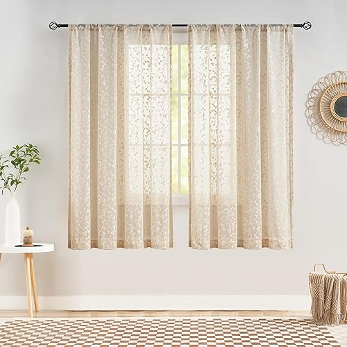 Jubilantex Cortinas traslĂşcidas de encaje beige con patrĂłn de capullos de hojas, de punto, para sala de estar, juego de 2 cortinas texturizadas Jubilantex Cortinas traslĂşcidas de encaje beige con patrĂłn de capullos de hojas, de punto, para sala de estar, juego de 2 cortinas texturizadas
