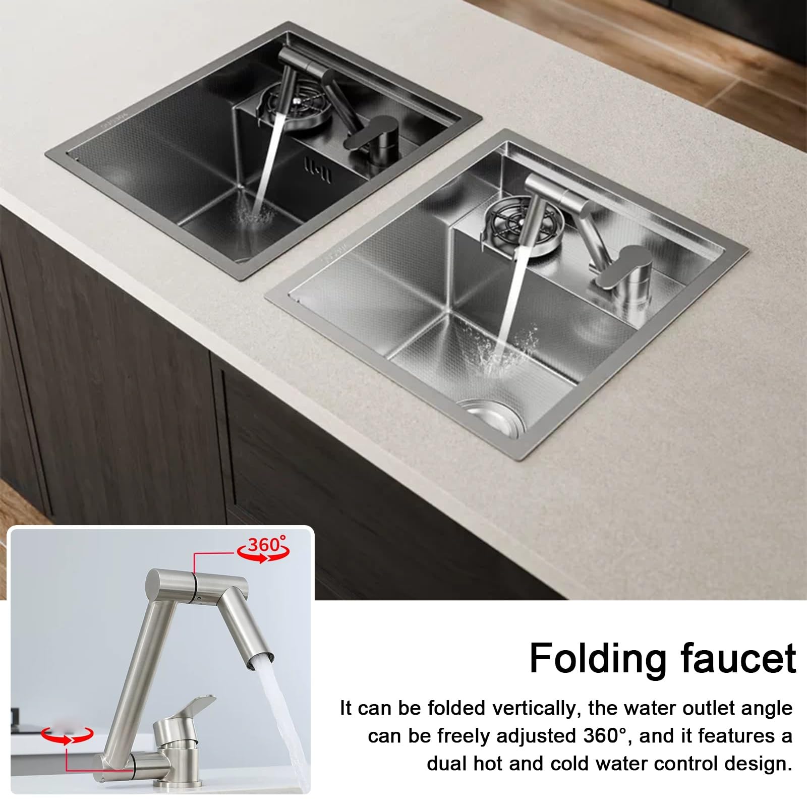 Fregadero Camper, Fregadero Cocina 1 Seno con Grifo, Lavavasos, Tapa de Desagüe, Acero Inoxidable 304, para Caravana, Autocaravana o Bar de Barco(Silver,40x32cm/15.7x12.6in)