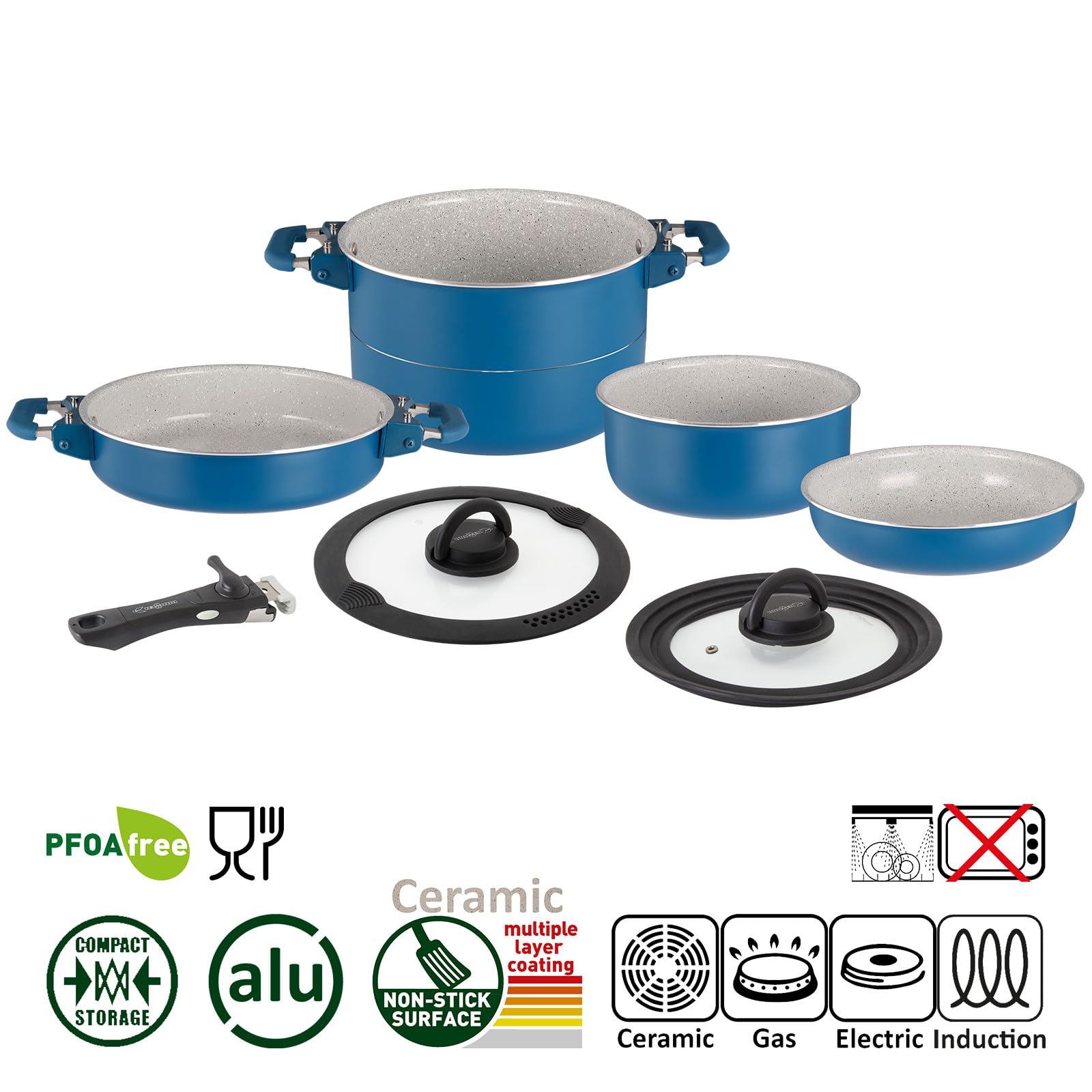 BRUNNER Camping Kochgeschirr-Set Keramik – ø 20, 22 oder 24-cm Carezza NG | Platzsparend stapelbare Töpfe und Pfannen, 2 bis 4 Personen - Beschichtet, Leicht &,