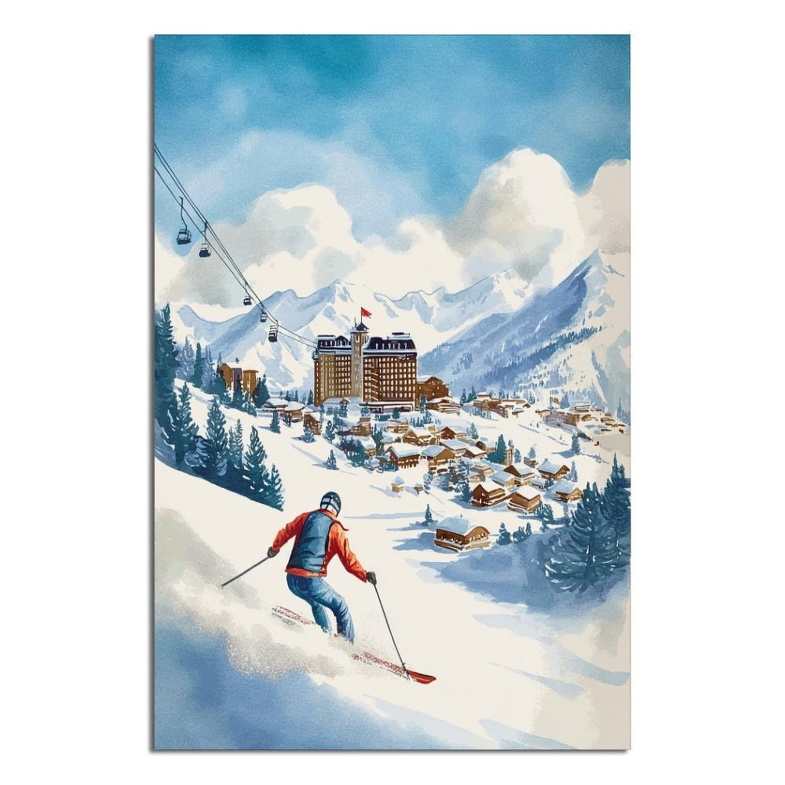 iPuzou Gstaad Ski Poster 20x30inch(50x75cm) Vintage Watercolor Canvas Art
