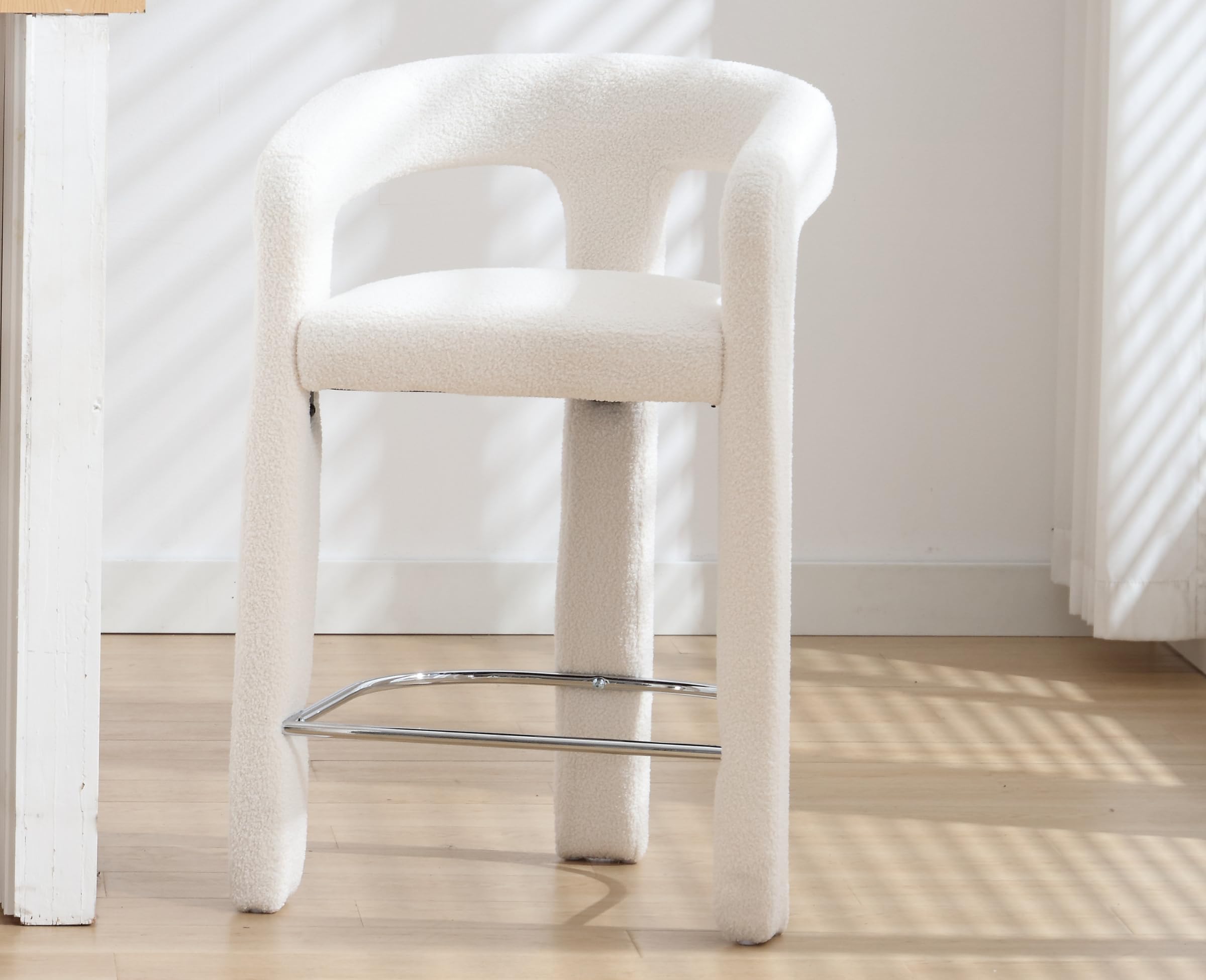 EALSON Boucle Bar Stool with Open Back Modern Upholstered Counter Height Barstool Sherpa Counter Stool with Arms Barrel Bar Chair for Kitchen Island/
