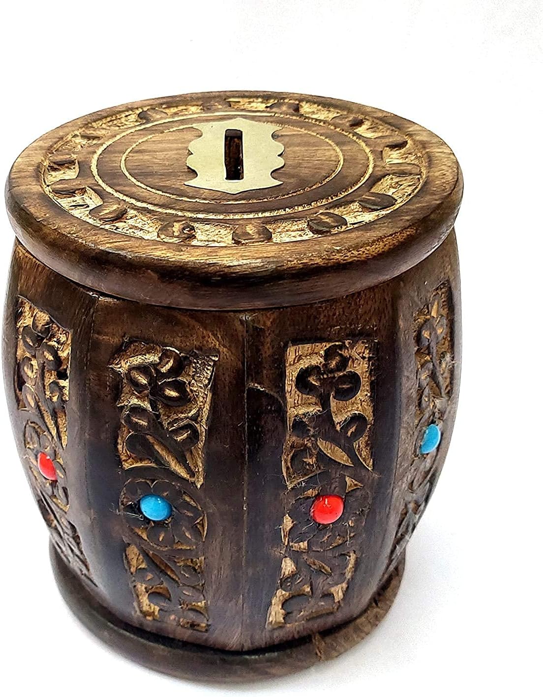 Sun Scientific Instruments Wooden Money Bank Round Shape Carving Barrel Design Piggy Bank for Boys Girls and Adults Coin Bank-Brown