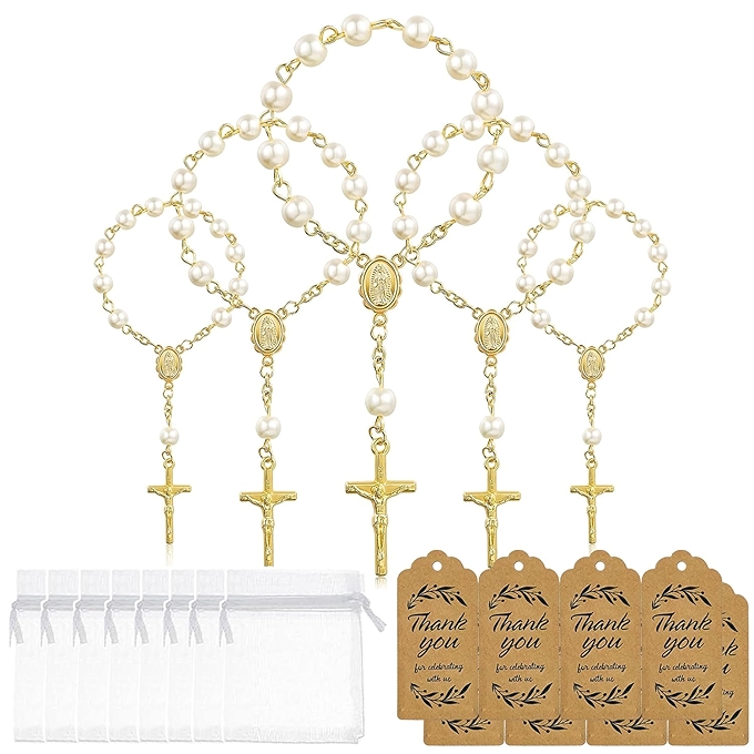 婴儿洗礼纪念品套装——迷你念珠、精美袋子与感谢标签组合