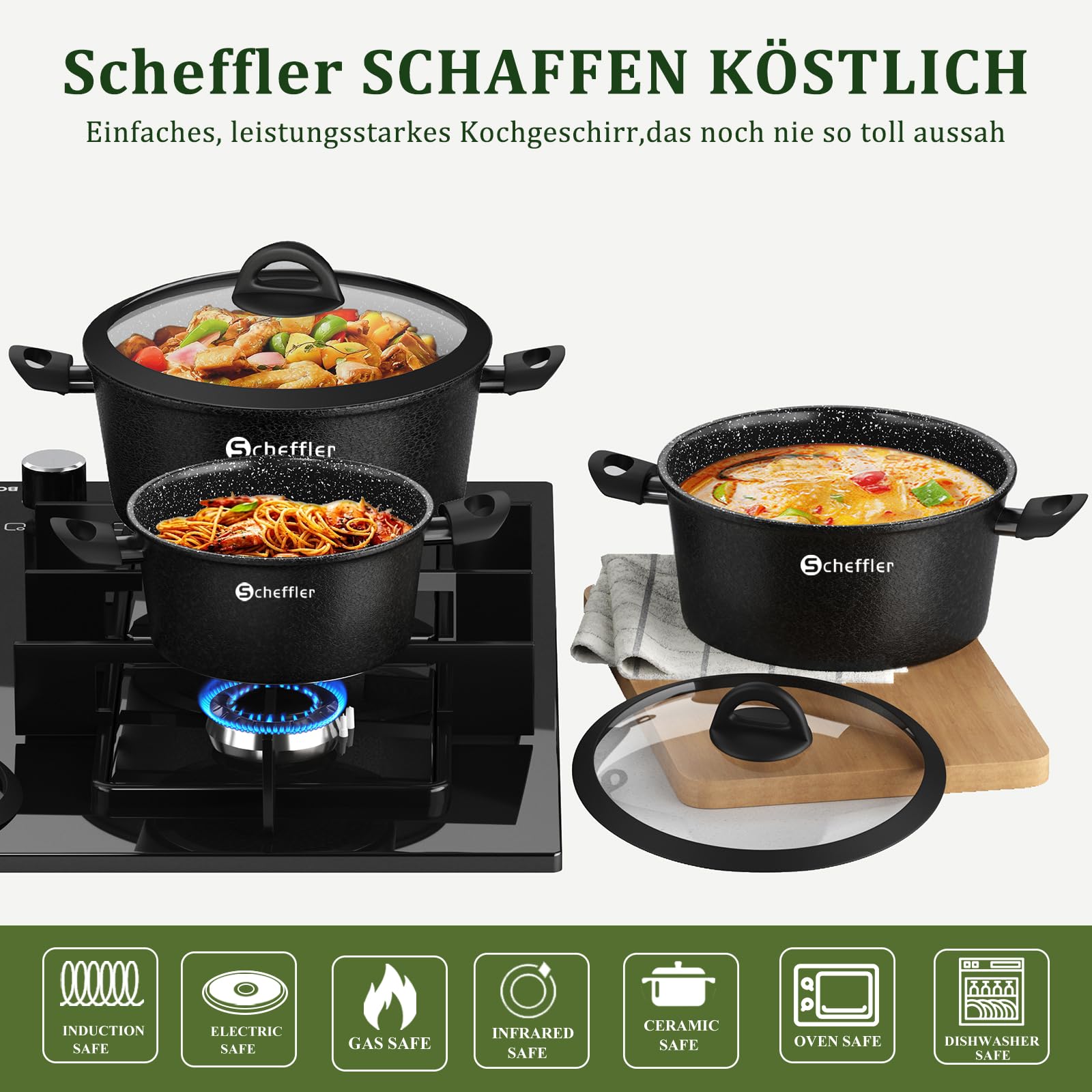 Scheffler Topfset Induktion 6-tlg Kochtopf Set beschichtet(HL-21PS62) | Ø20/24/28cm Kochtopf Induktion mit Glasdeckel,Aluminium ,Spülmaschinenfest,Antihaftbeschichtung,Für alle Herdarten geeignet