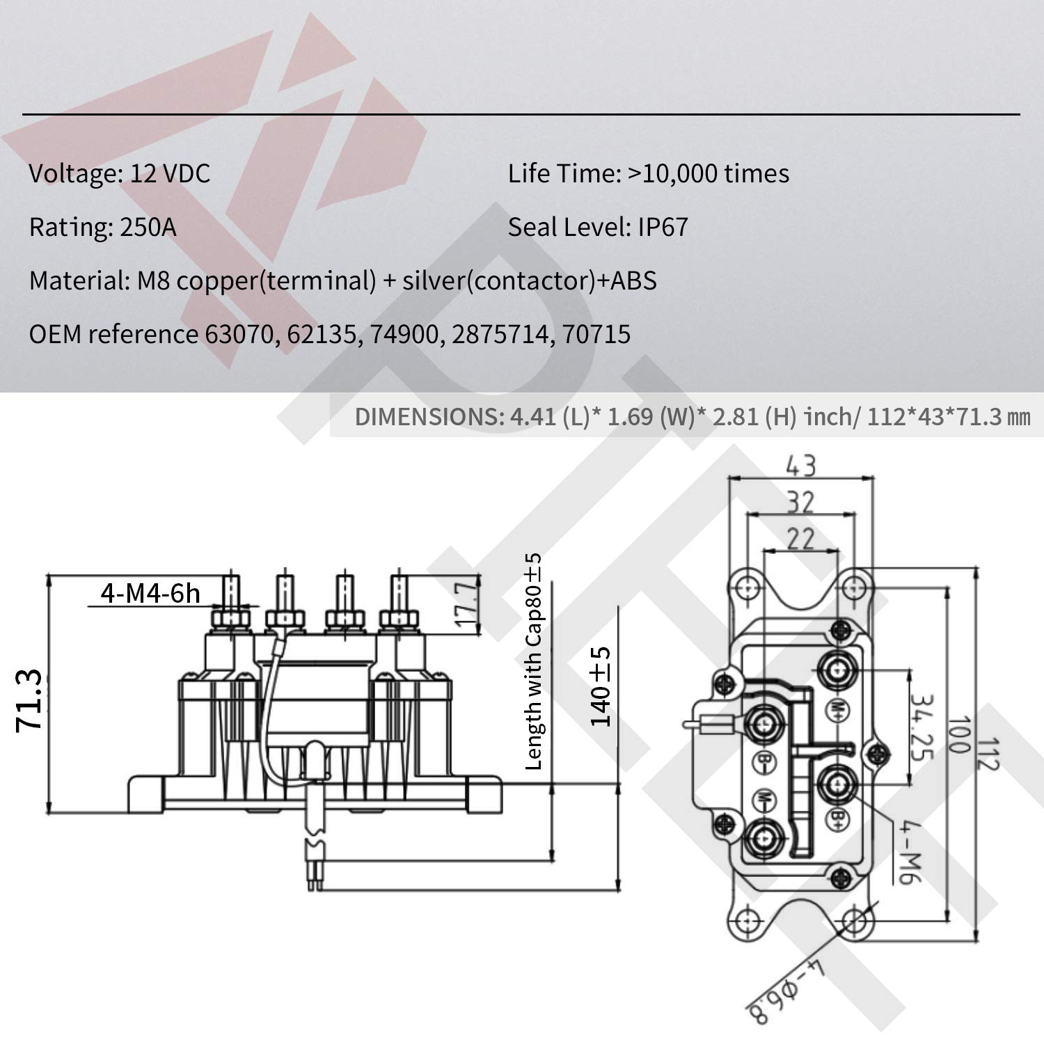 Relè 63070 62135 per verricello a fune, 12 V, 250 A, per ATV, UTV, SUV Heavy duty relay