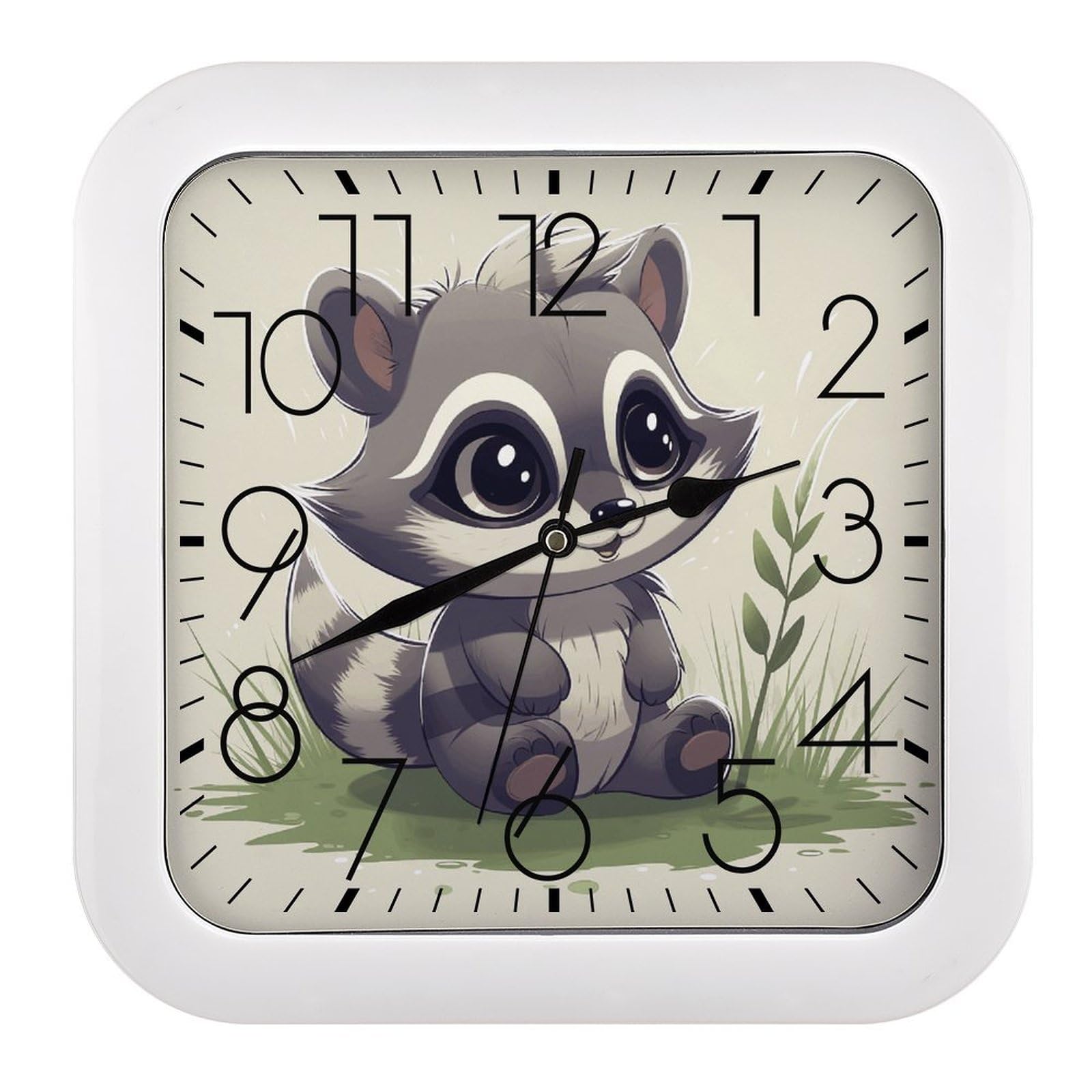 MUSM 10.2 X 10.2 Inch Modern Raccoon on The Grass Wall Clock Battery Operated High Accuracy Decorative Square Clocks for Kitchen Bedroom Living Room Home Office Porch