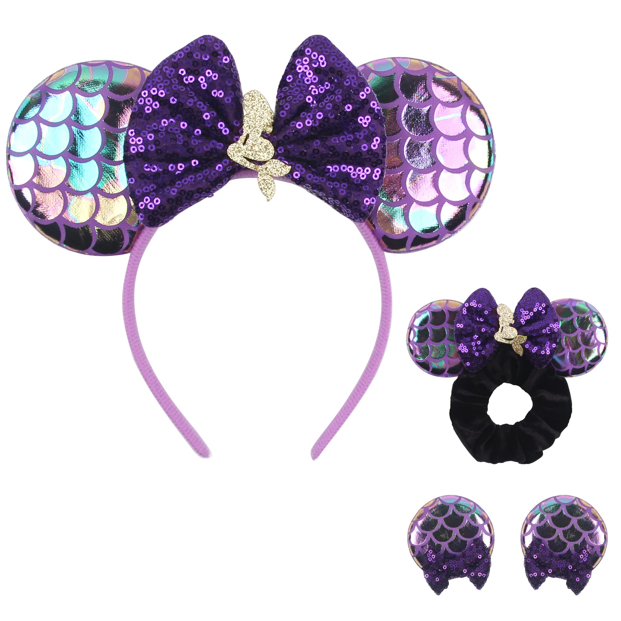 zhezesmila Mouse Ears Hair Accessories, Mermaid Purple, Set of 4, Includes Headband, Shiny Hair Clips, Sequin Velvet Scrunchies with Bows, for Women,