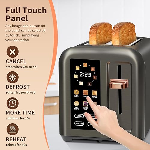 Vista 5 de SEEDEEM Toaster 2 Slice, Touch Control Stainless Toaster LCD Display, 50% Faster Heating Speed, 1.4'' Wide Slots, More Timer Functions, Removable