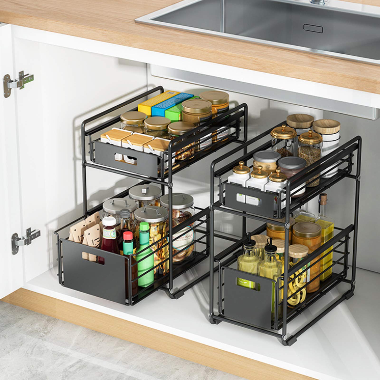LIANTRAL Küchenschrank Organizer 4er-Set, Küchenregal, Küchen Arbeitsplatte Regal Organizer Aus Metall Und Holzwerkstoff Erweiterbar Und Stapelbar Gewürzregale Küchen Organizer, Hellgelb Und Weiß
