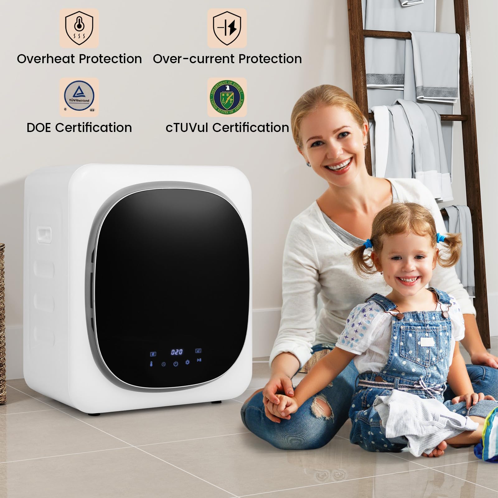 FANTASK Mini Wäschetrockner 800W mit Desinfektion & Desodorierung & Überhitzungsschutz, Ablufttrockner bis zu 69℃, LED Touch-Screen, Mehrfachfiltration, 4 Temperaturen und 6 Timer