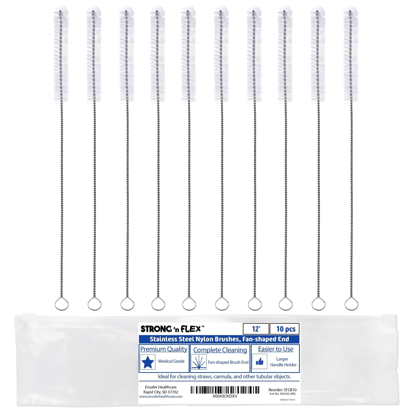 Strong 'n Flex Nylon Straw Cleaner Brushes – Fan-Shaped End for Tight Spaces, Ideal for Reusable Straws, Water Bottles, Sippy Cups & Pipes – Includes