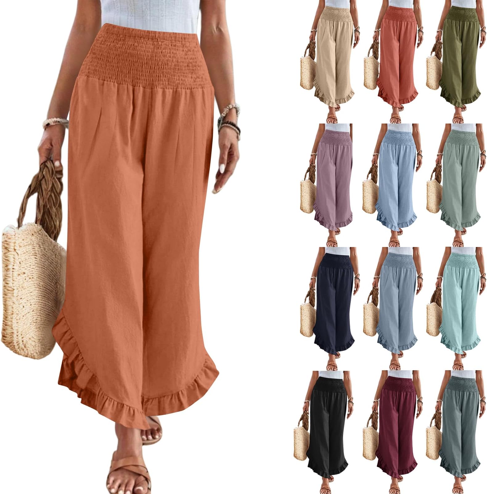 Women Linen Pants Summer Wide Leg Pants Smocked Waist Ruffle Hem Palazzo Pant Boho Flowy Beach Pant with Pocket
