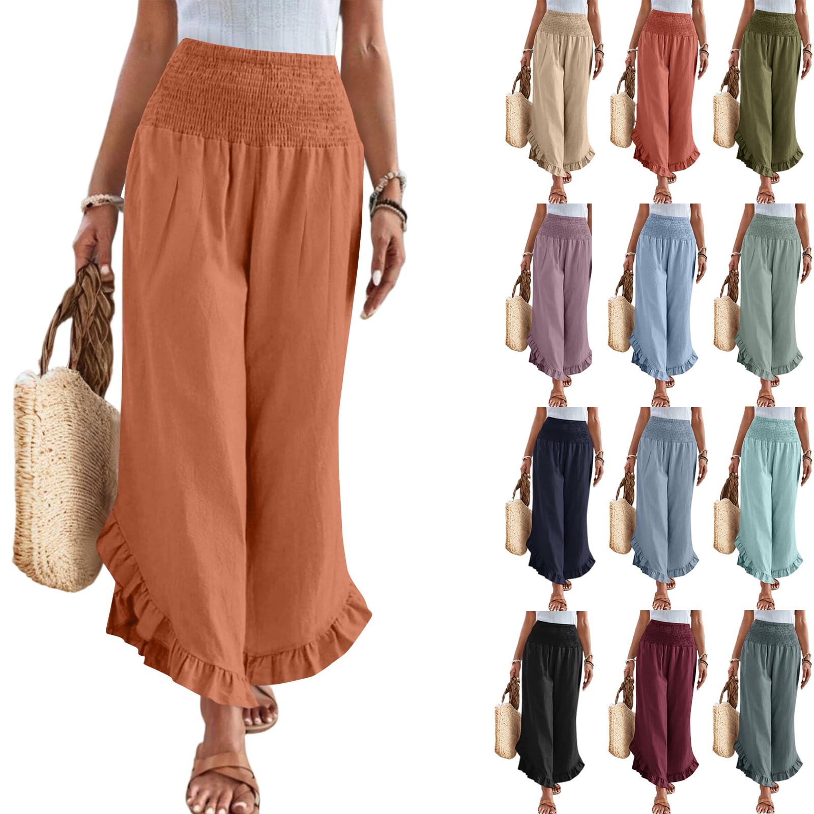 Women Linen Pants Summer Wide Leg Pants Smocked Waist Ruffle Hem Palazzo Pant Boho Flowy Beach Pant with Pocket