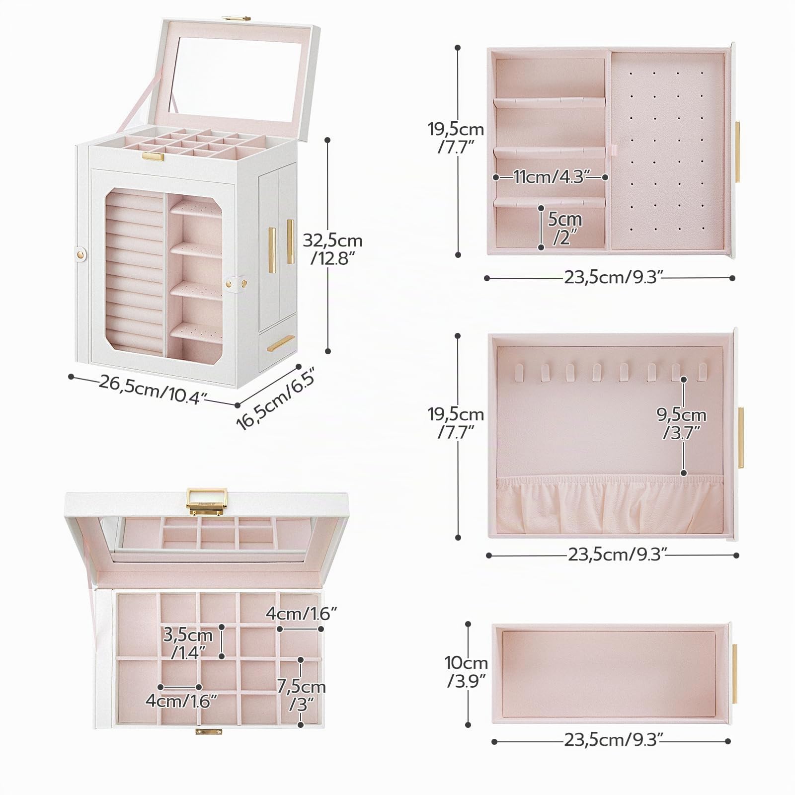 HOOBRO Caja Joyero con Espejo, Organizador de Joyas de Viaje con Ventana de Cristal, Almacenamiento Vertical, para Pendientes, Anillos, Collares, Pulseras, Blanco EWT03JB04G2