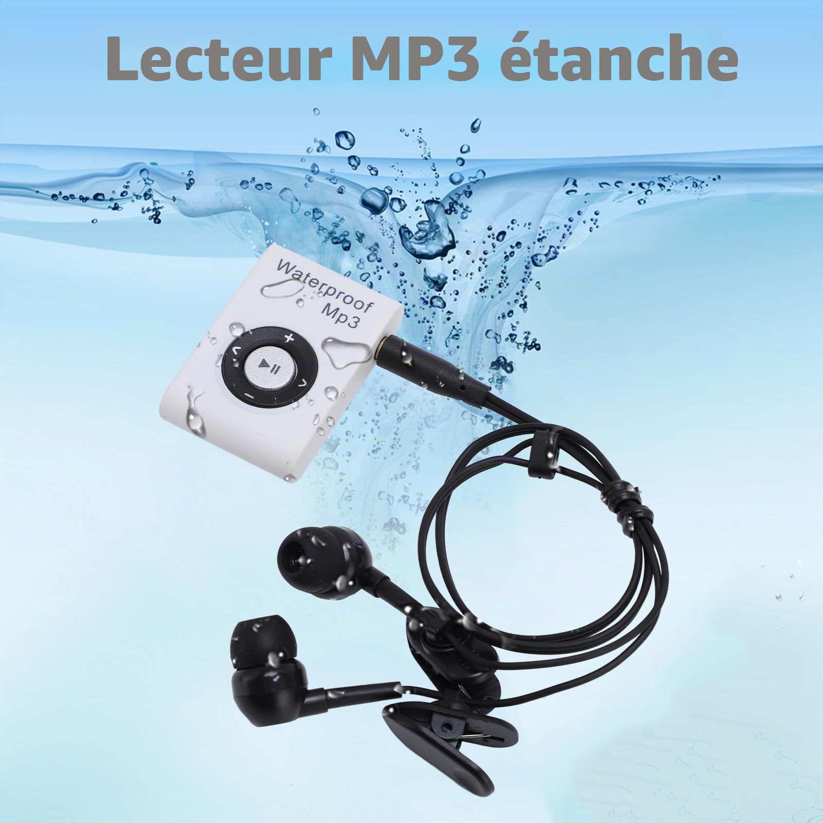 Bewinner Lecteur MP3 8 Go IPX8 Étanche pour Natation et Course avec Clip Multifonction et Écouteurs (Blanc)