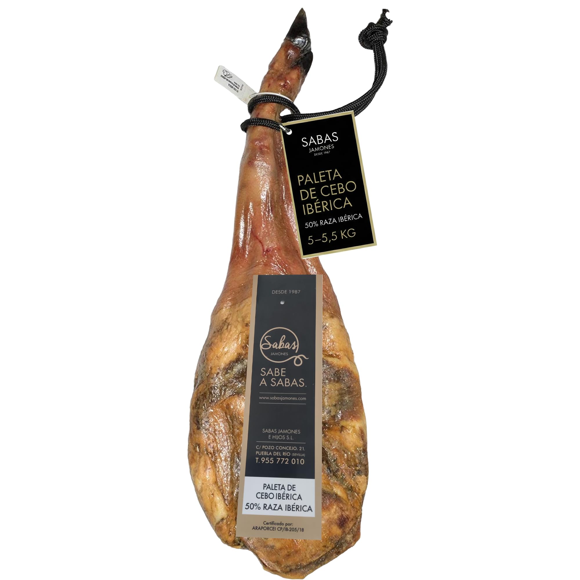 Paleta Iberica de Cebo Pieza Entera 50% Raza 5,5 Kg Curacion 22 Meses | Paletilla curada en secadero natural, sin gluten, ideal jamonero, regalo gourmet navideno y celebraciones