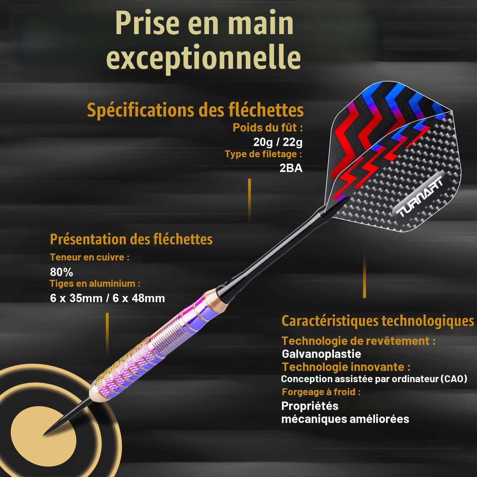 Turnart Fléchettes Pointe Acier, Jeu de fléchettes en Laiton pour Jeu de fléchettes en soies, 3 pièces de 20 grammes et 3 pièces de 22 grammes avec 21 Vols supplémentaires