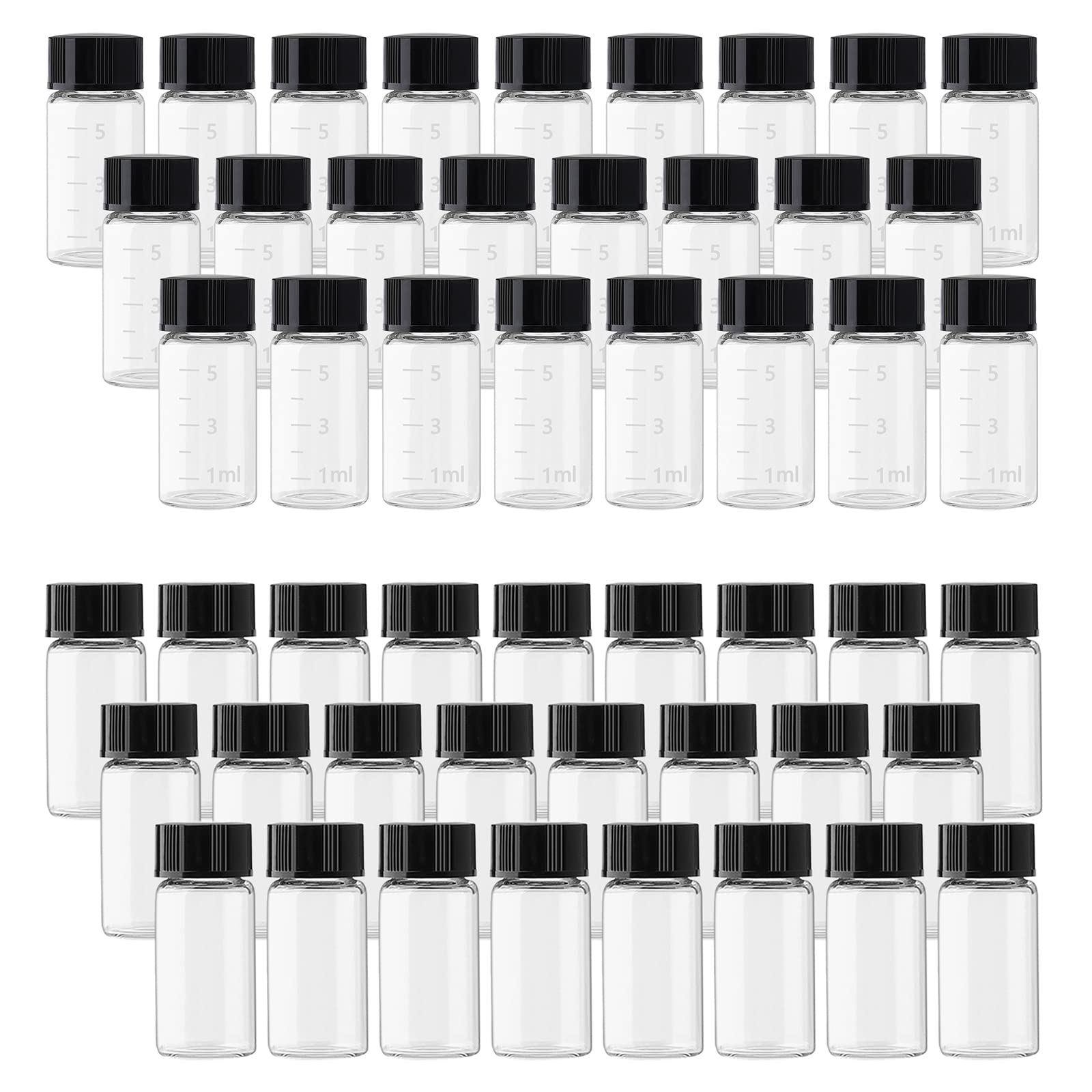Rowiz 50PCS Clear Glass Vials 5ml (0.17 Oz) Mini Sample Bottles with Black Screwcap Liquid Sampling Sample Vials for Chemistry Lab Chemicals(25pcs with Scale, 25pcs no Scale)