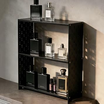 3-Tier Bamboo Cologne Organizer for Men, Perfume Display Shelf | For cologne, perfume & skincare. Black bamboo & acrylic. Adjustable height fits tall bottles. Holds 9+ bottles.