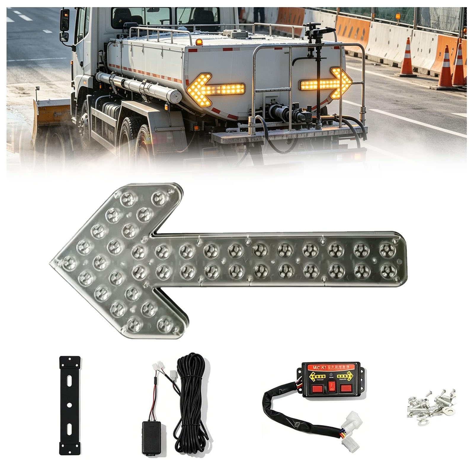 Señal Piloto de Flecha LED de 12V-24V, Resistente al Agua, 480 LED, 1‑Pack | Frecuencia de Parpadeo: 60-100 veces/minuto, Incluye Accesorios de Instalación, para Carrito De Riego, Barredora, 60CM