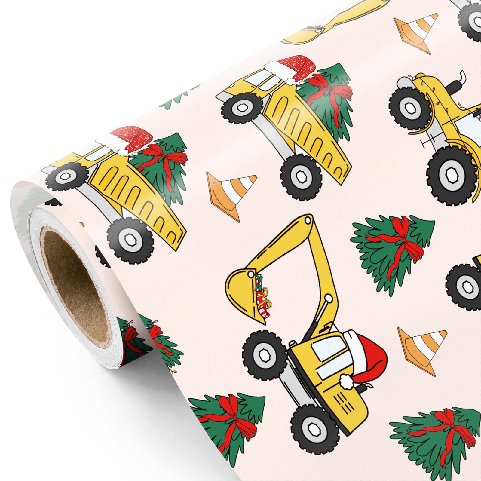 WRAPAHOLIC Excavator Christmas Wrapping Paper - Mini Roll - 17 Inch x 16.5 Feet - Yellow Digger Construction Wrapping Paper for Christmas Holiday, Party Celebration
