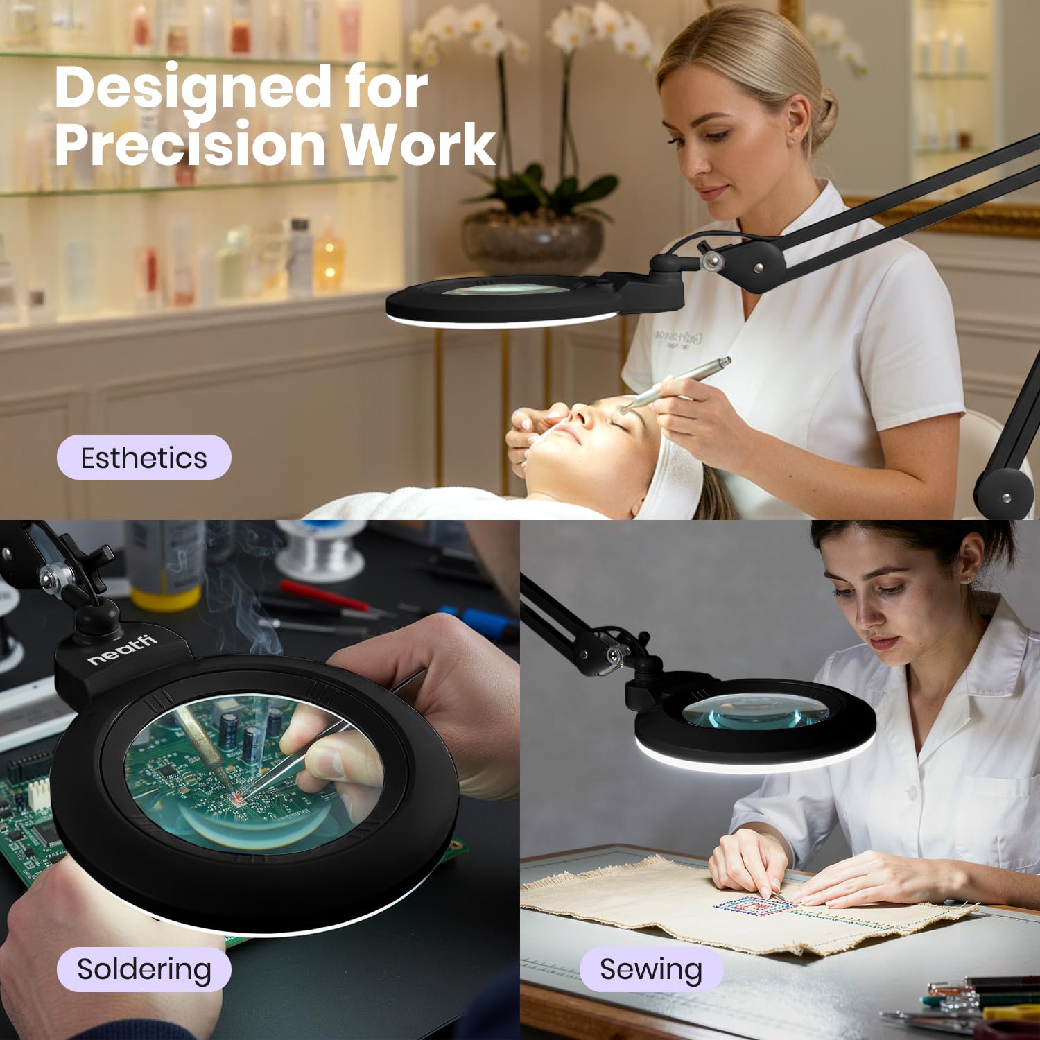 Neatfi XL bifocale Lampada d’ingrandimento LED, dimmerabile | 3 modalità di illuminazione, braccio regolabile e morsetto di fissaggio (Lente da 13 cm)