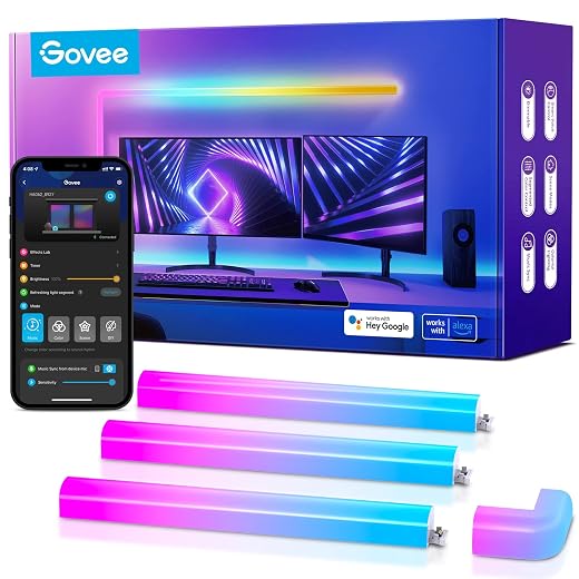 Govee glide rgbic smart wall light, multicolor customizable, music sync home decor led light bar for gaming and streaming, with 40+ dynamic scenes, alexa and google assistant, 6 pcs and 1 corner