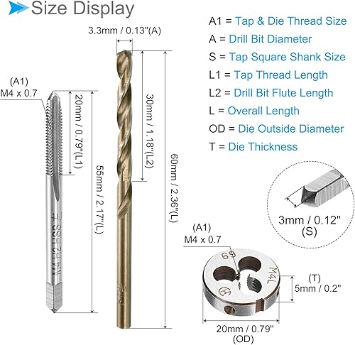Miniatura 2 de Juego de roscas métricas, troqueles y brocas, rosca M4 x 0.7 de diámetro de taladro de 0.130 in de diámetro, kit de herramientas de llave de