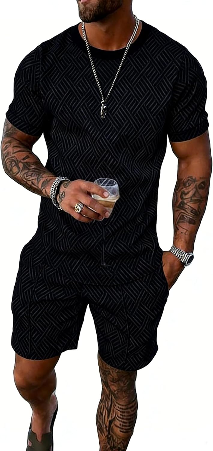 Kubsid Mens Tracksuit Set Summer Casual Short Set T Shirts Shorts Two Piece Outfits Lounge Sets