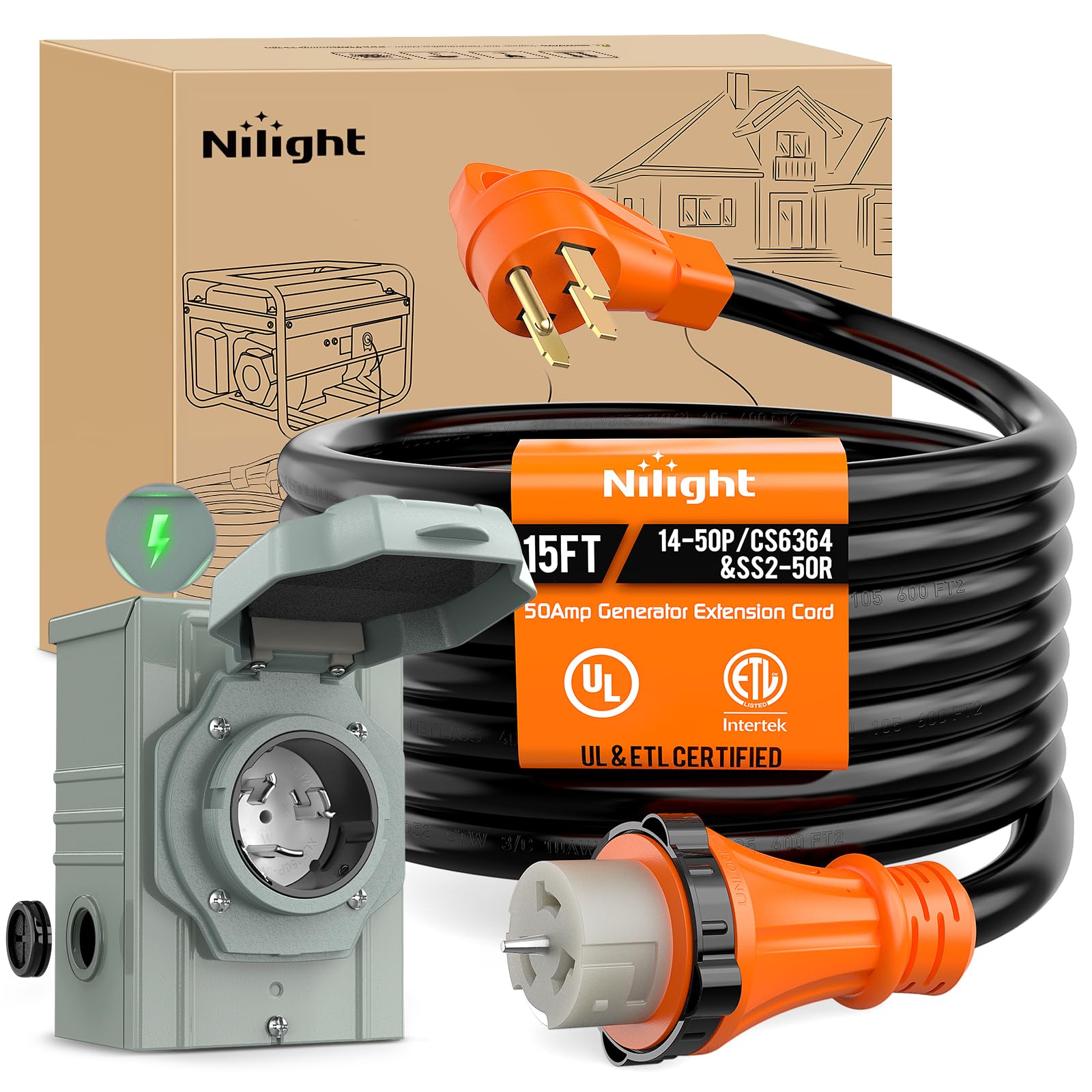 Nilight Przedłużacz generatora 50 A i skrzynka wlotowa zasilania 125/250 V Heavy Duty 6/3+8/1 Gauge STW ETL NEMA 14-50P/SS2-50R Twist Lock złącze do generatora kampera do użytku na zewnątrz