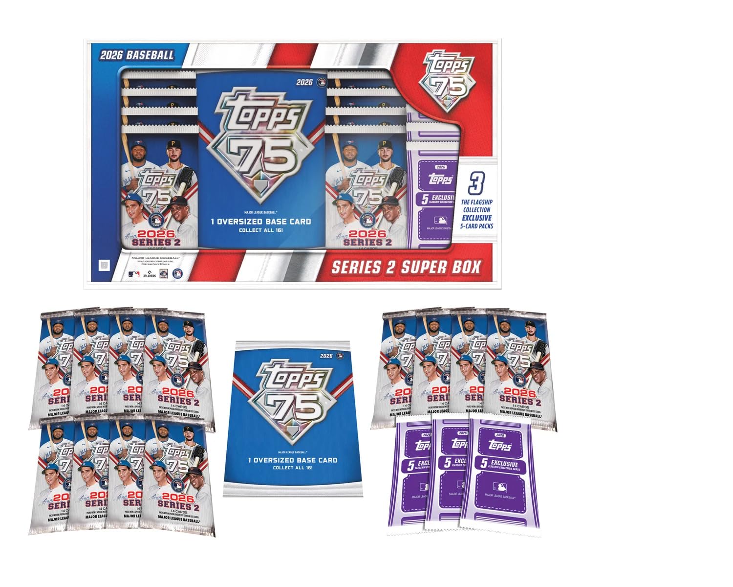 Topps Baseball Series 2026 Lot de 5 cartes à collectionner Super Box Flagship Collection (3 collections phares exclusives 5 paquets)