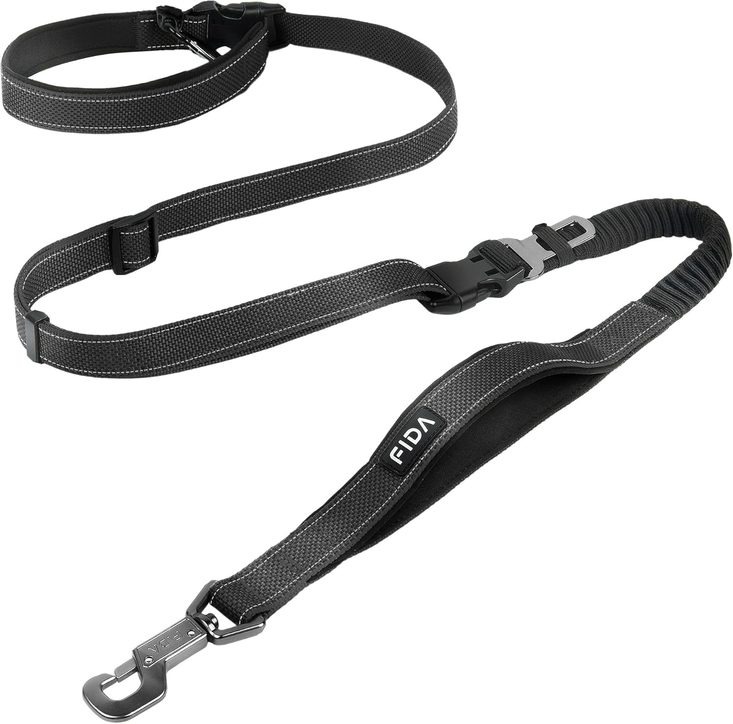 Fida 6-in-1 Hands Free Dog Leash Heavy Duty, Reflective Wasit Corssbody Dog Leash with Car Seat Clip | Adjustable for Running Hiking | Shock Absorbing Bungee, Dual Padded Detachable Handles (Black)