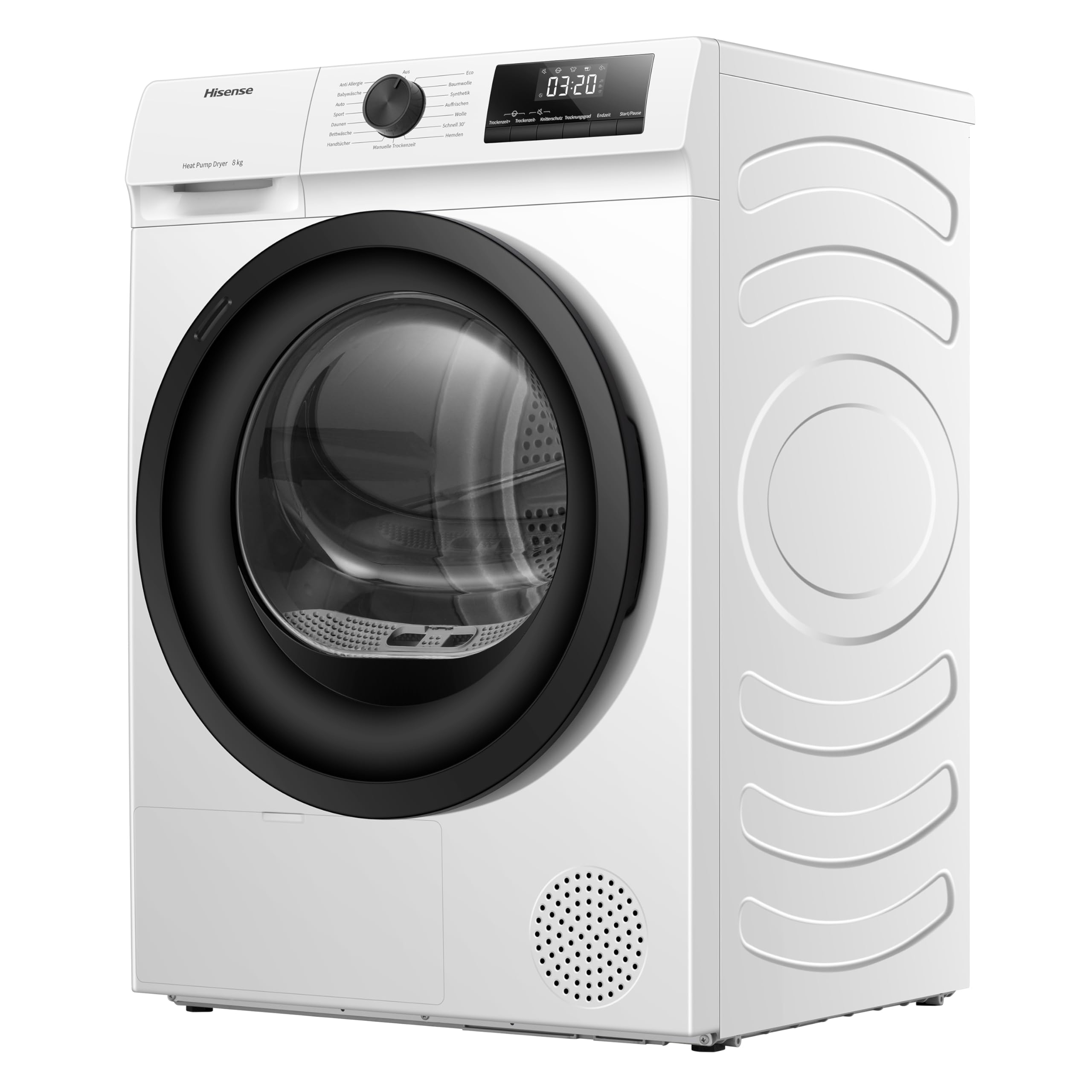Hisense DHQE800BW2 Wäschetrockner 8KG Kondensation Wärmepumpe 15 Programme Feuchtesensor Anti Crease TwinAir Energieeffizienzklasse D Weiß