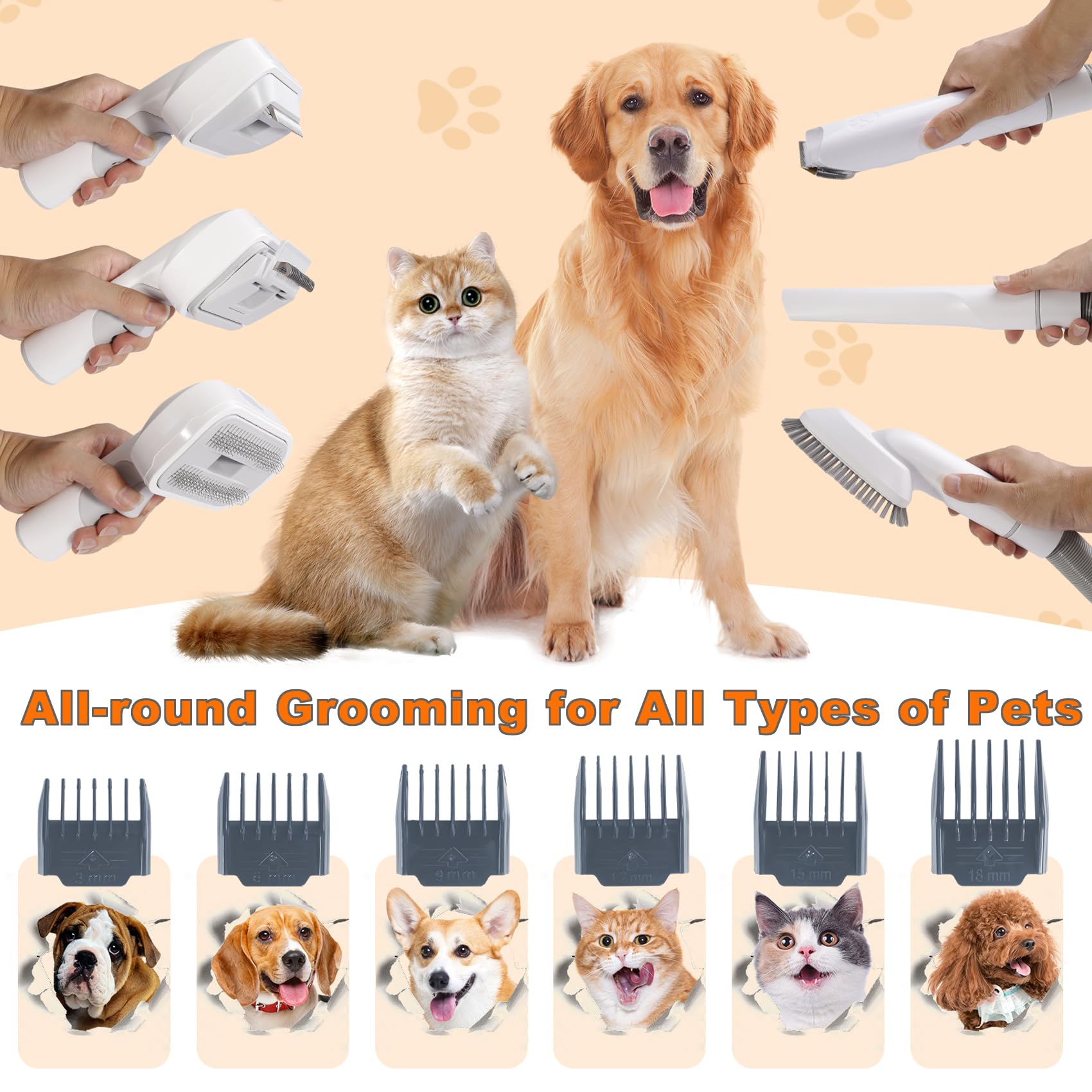 Kit per la toelettatura del cane e la toelettatura degli animali domestici 6 in 1 Spazzola per spargimento del cane Aspirazione 99% peli di animali domestici con 6 pettini tagliacapelli