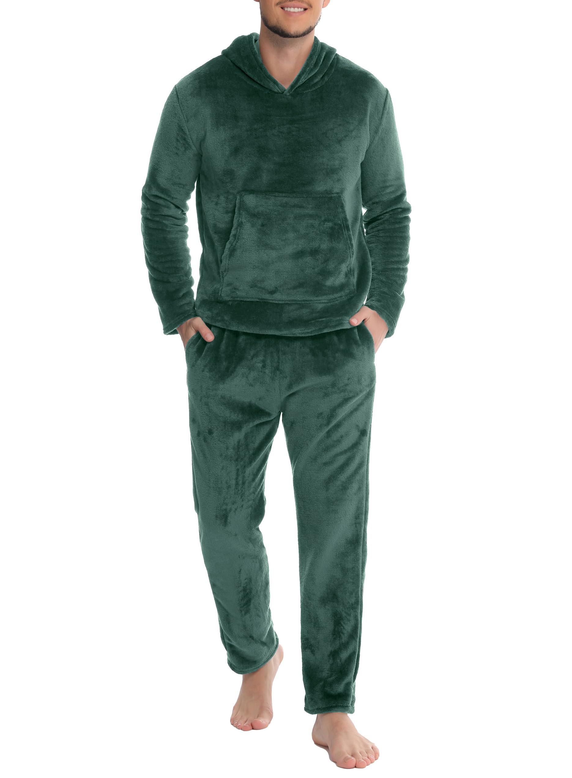 Lovasy Schlafanzug Herren Lang Warm Winter Fleece Pyjama mit Kapuzen Flanell Schlafanzüge für Herren mit Taschen