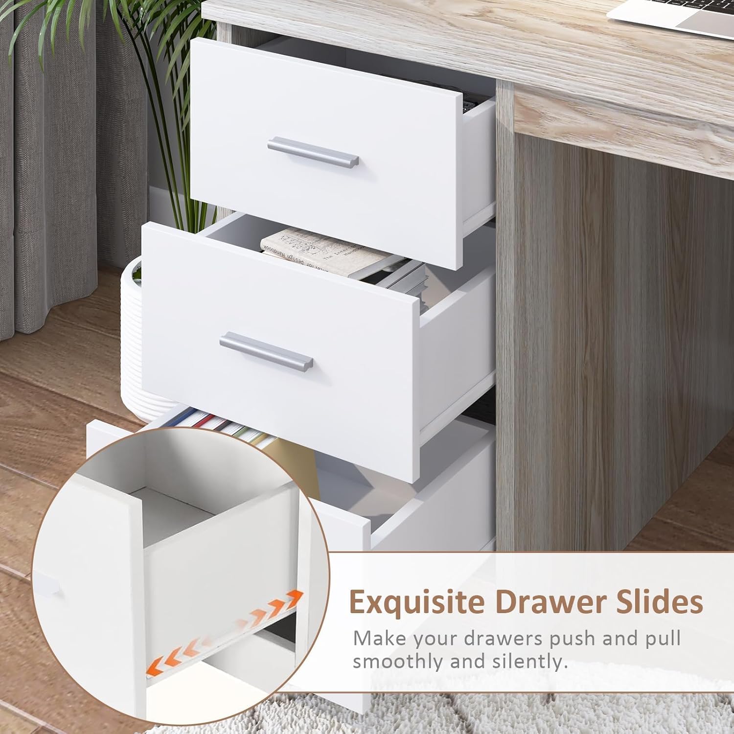 Home Office Desk with Drawers, 46" Small Desk for Bedroom, Computer Desk with Hutch and Drawers, Study Desk with Storage, White and Walnut