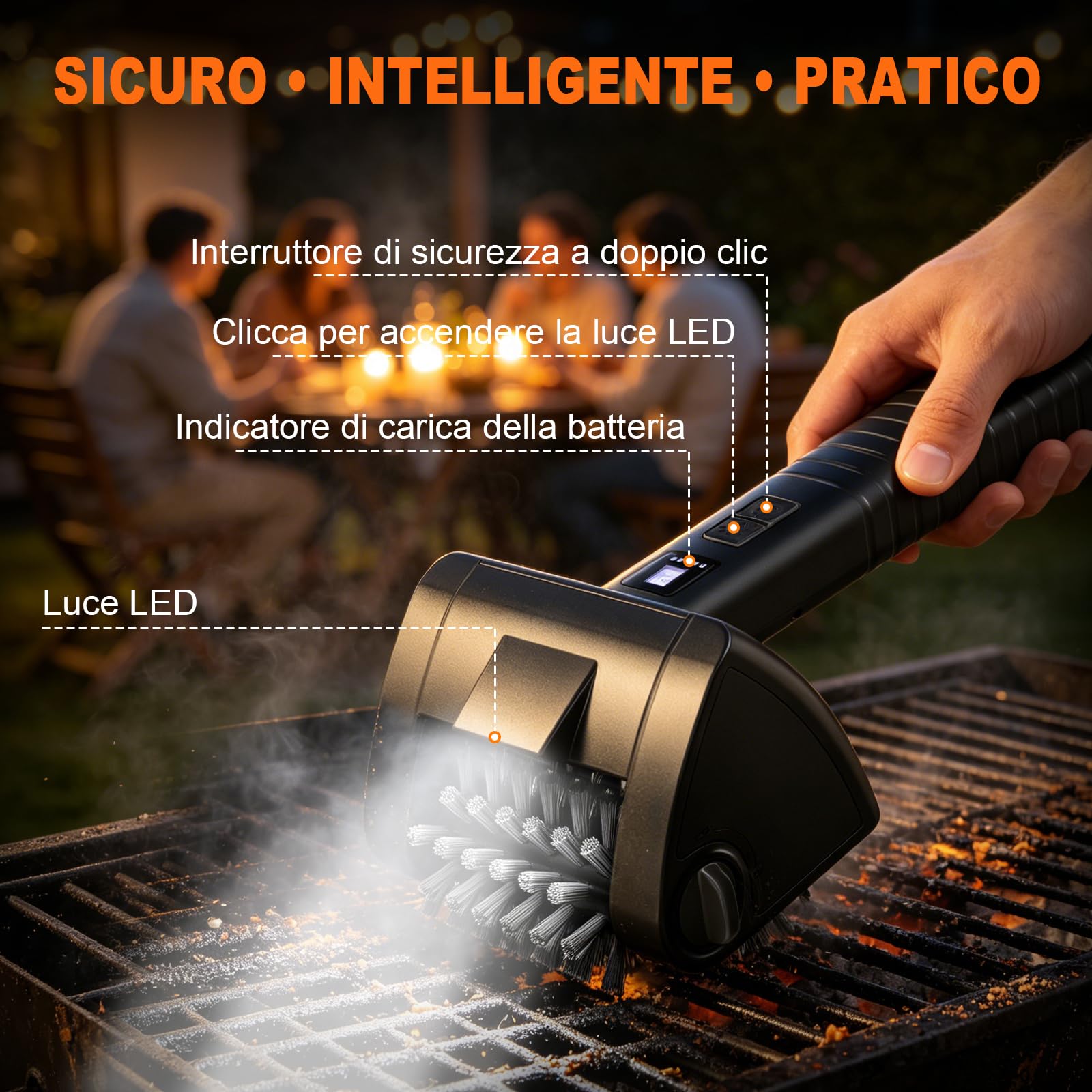 Spazzola Elettrica Barbecue Senza Fili, Pulizia BBQ con Acciaio Inox 304 | Pulitore Barbecue Ricaricabile 4000mAh, 380/490RPM, 90min, IPX7, Luce LED, Spazzola Pulizia Griglia BBQ 2 Velocità