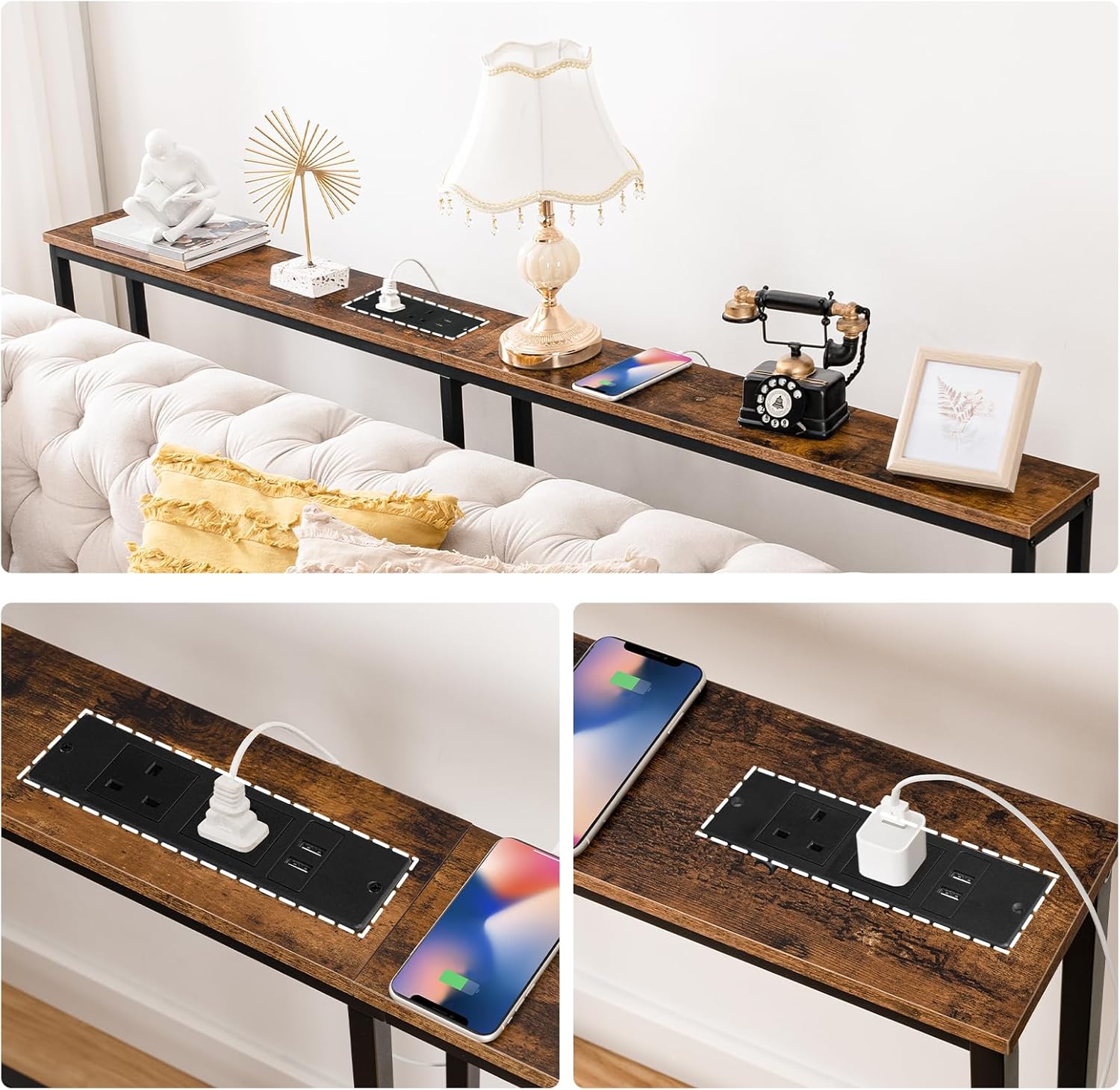 Close-up view of the integrated charging station on the console table, showing two AC outlets and two USB ports in use with devices plugged in.