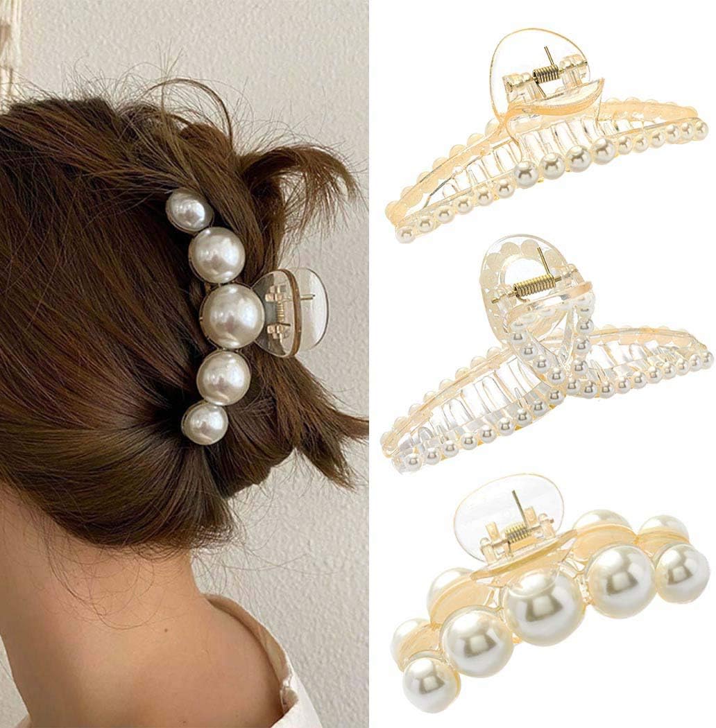 IYOU French Pearl Hair Claw White Large Plastic Banana Clips Hair Claw Clips Thick Nonslip Outdoor Hair Jaw Clips for Women and Girls(3Pcs)
