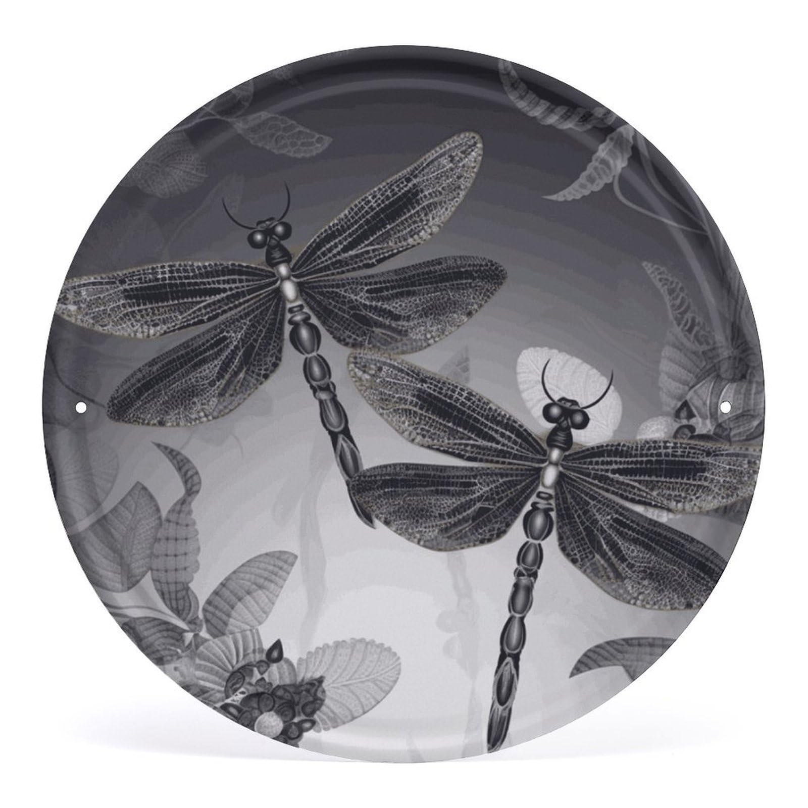 Fodpand Style Dragonflies Grey Round Wall Art Hanging Decorations, Wall Decor Modern Minimalist Artwork, Tin Sign Hanging Picture For Living Room, Bedroom, Office, Hallway, 11.8X11.8 Inch