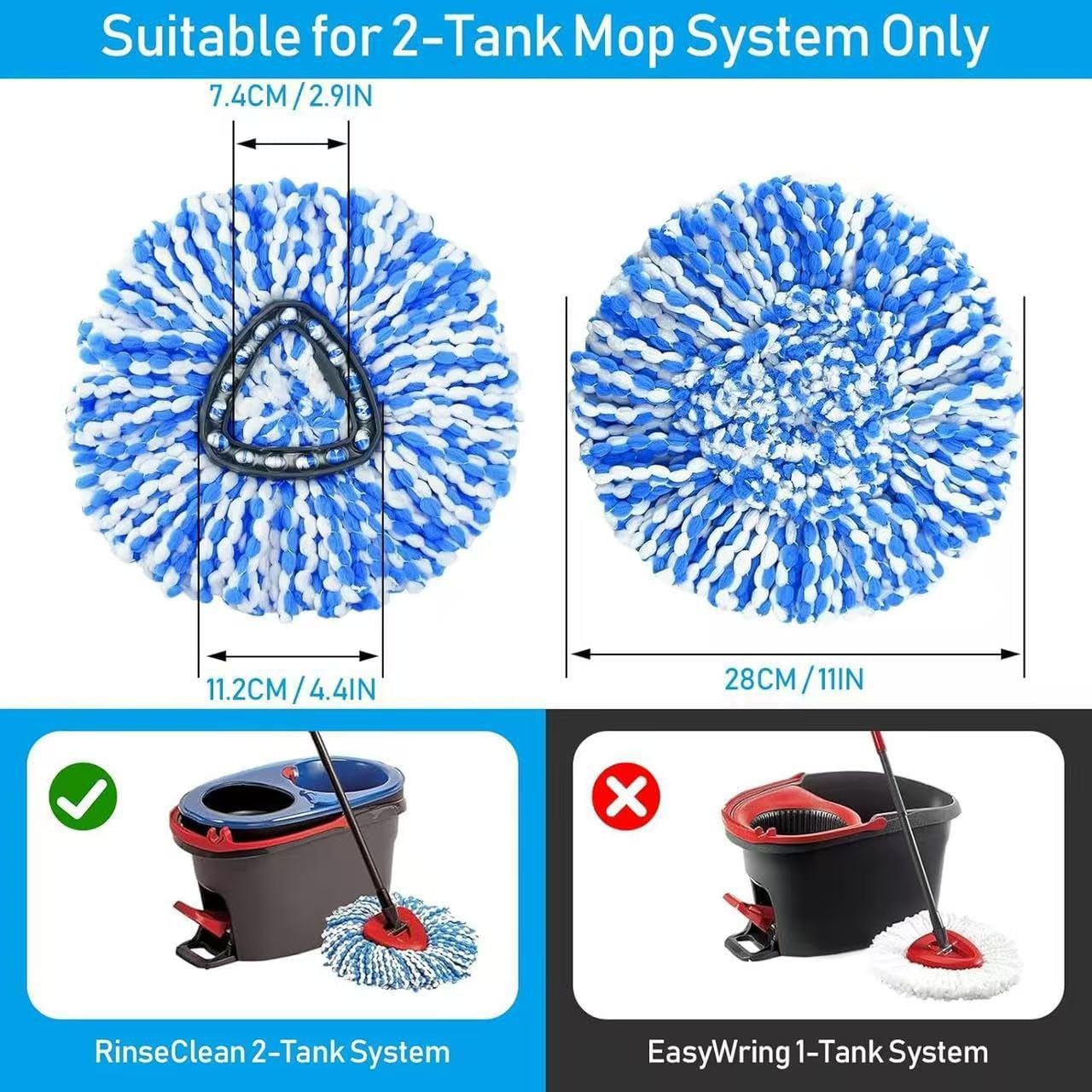 6 Pack Spin Mop Replacement Head Compatible with O-Cedar RinseClean 2-Tank Spin Mop System, Blue Microfiber Refill Heads, Machine Washable for Hardwood Tile Floor Cleaning