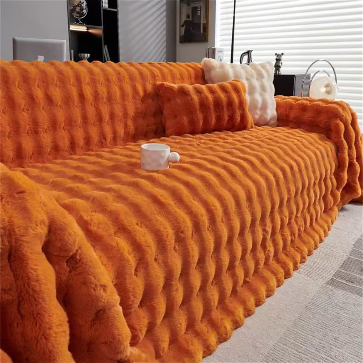 Highdi Peluche Housse de Canapé Serviette de Canapé Décoration Moderne, Housse de lit, Sofa Cover Antidérapante Anti Griffe pour Convient aux Chiens Chats (Orange,180x420cm)