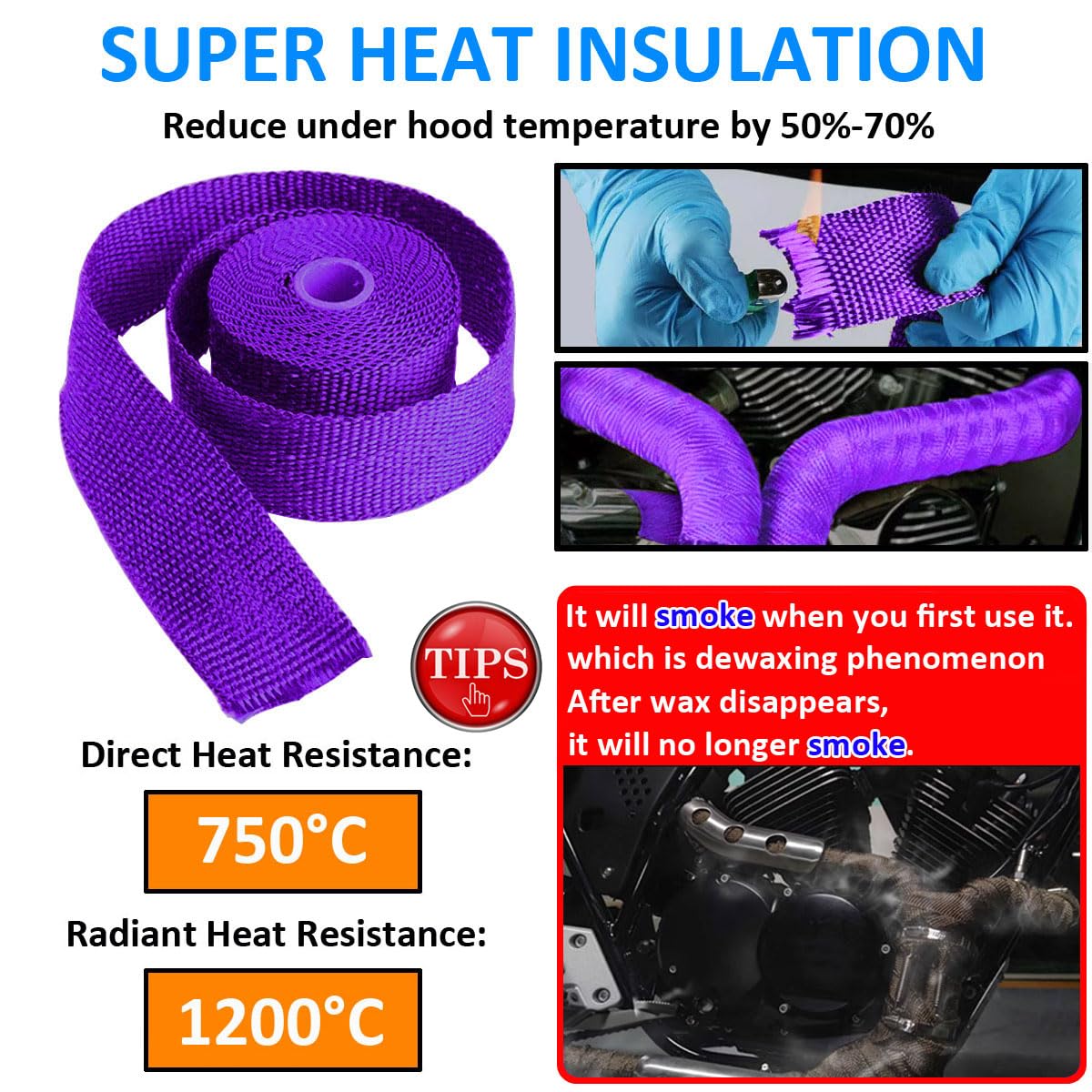 Cinta Anticalorica Para Escapes Cinta Aislante Térmica Coche Fibra de Vidrio Banda Aislante Anti Calor Protección Tubo Colector Escape Morado 5CM X 10M con 6 Bridas