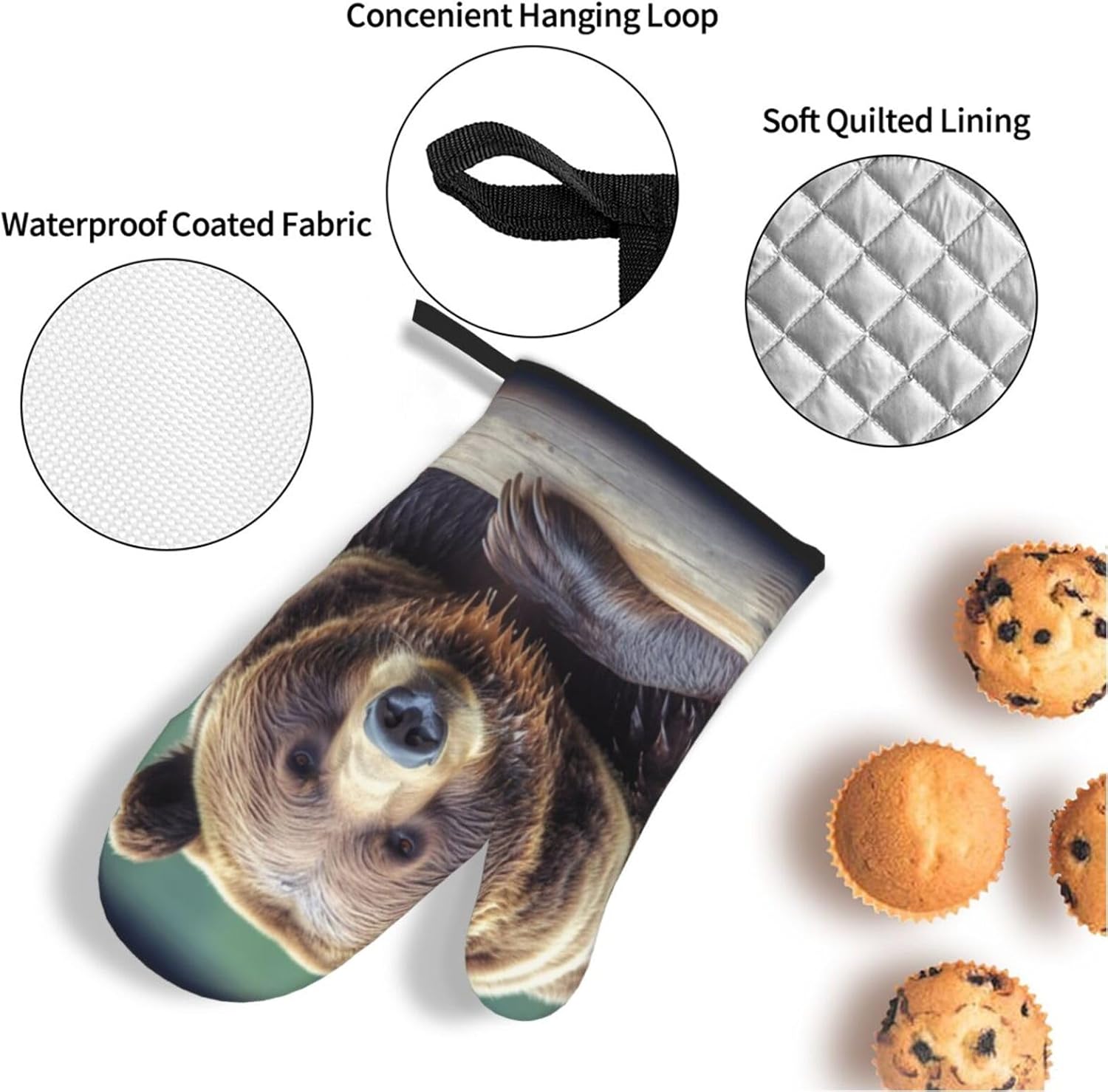 Grizzly Bear Print Oven Mitts and Pot Holders 4pcs Set High Heat Resistant Hot Pads Waterproof Oven Gloves BBQ Gloves for BBQ Cooking Baking