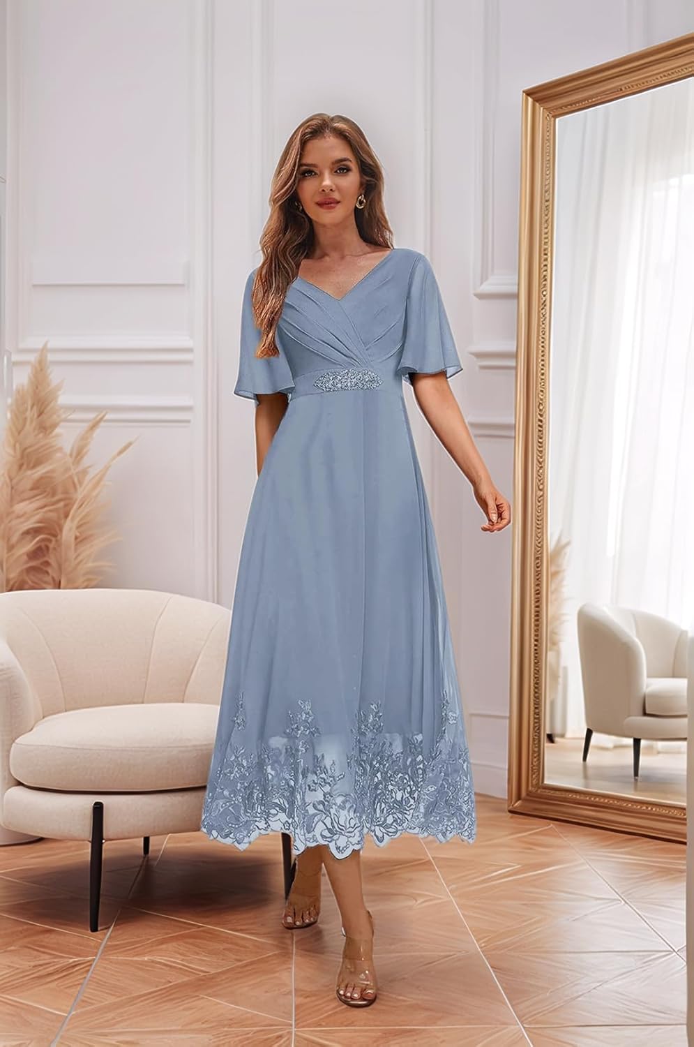 Tea Length Mother of The Bride Dresses for Wedding Lace Beaded Formal Evening Dress with Sleeves - Image 6