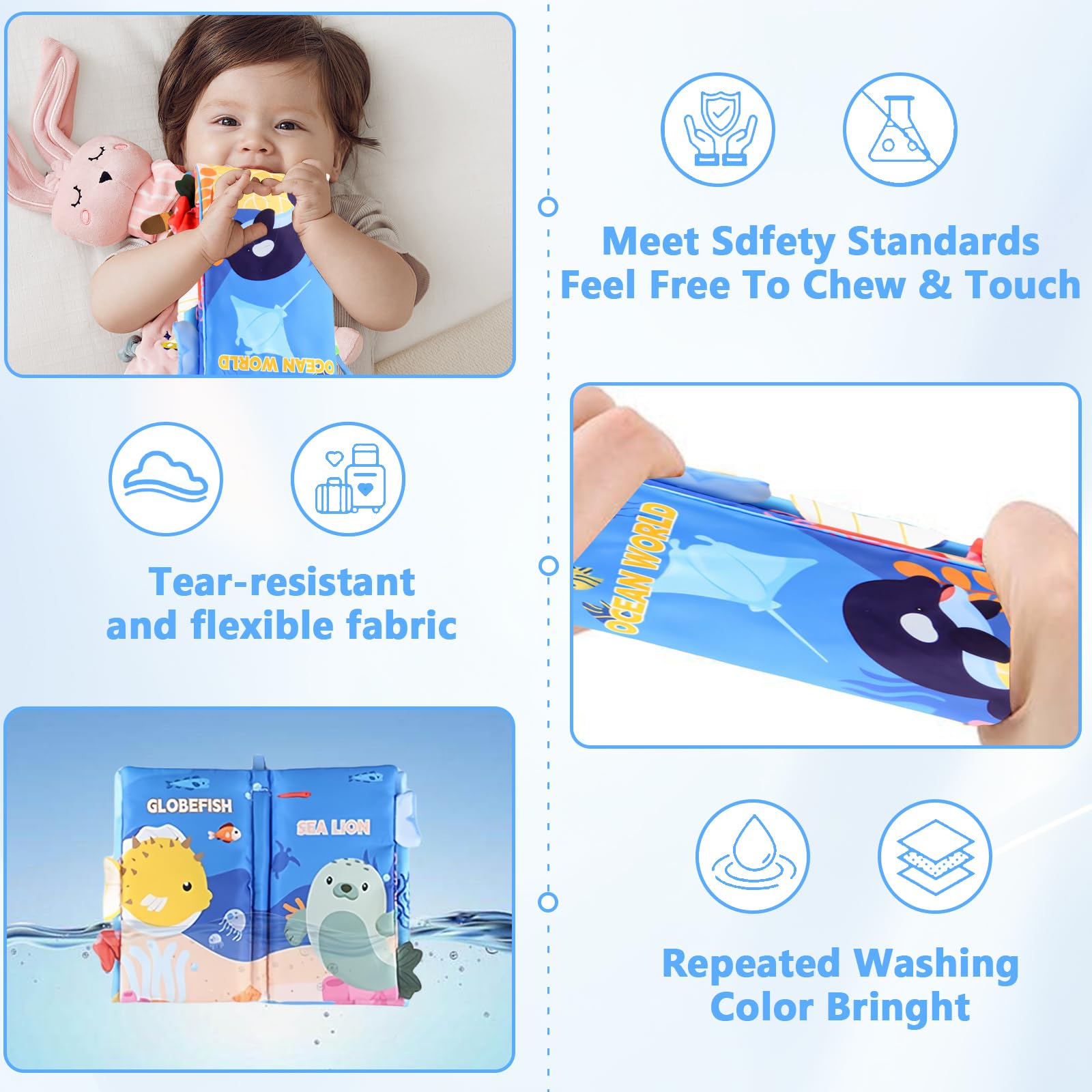 JAONLD Baby Book Cloth Toys Ocean Tails Sensory Book Soft Fabric Crinkle Pram Early Development Interactive Newborn Gifts for 0 3 6 12 Months Boys Girls - Image 3
